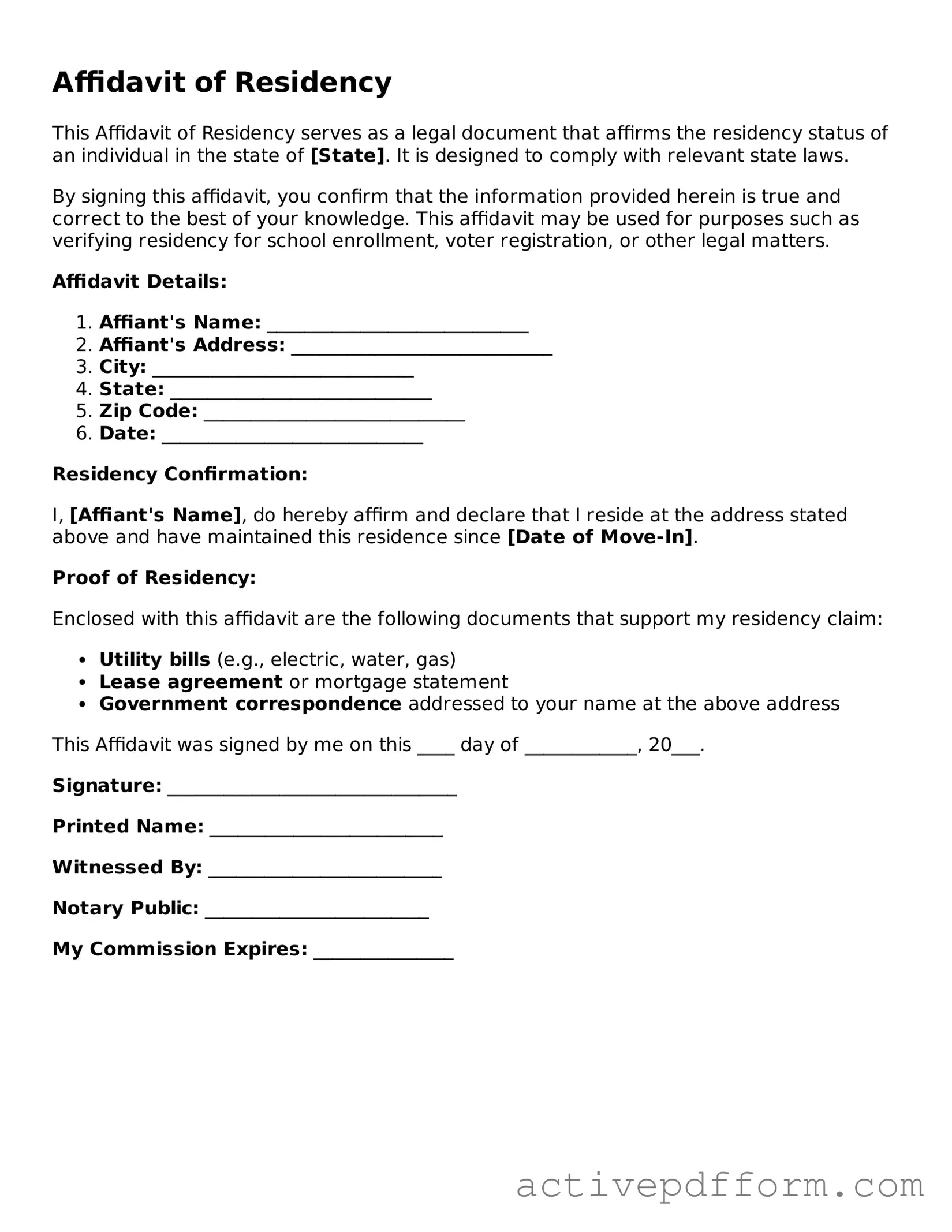 Blank Affidavit of Residency Document