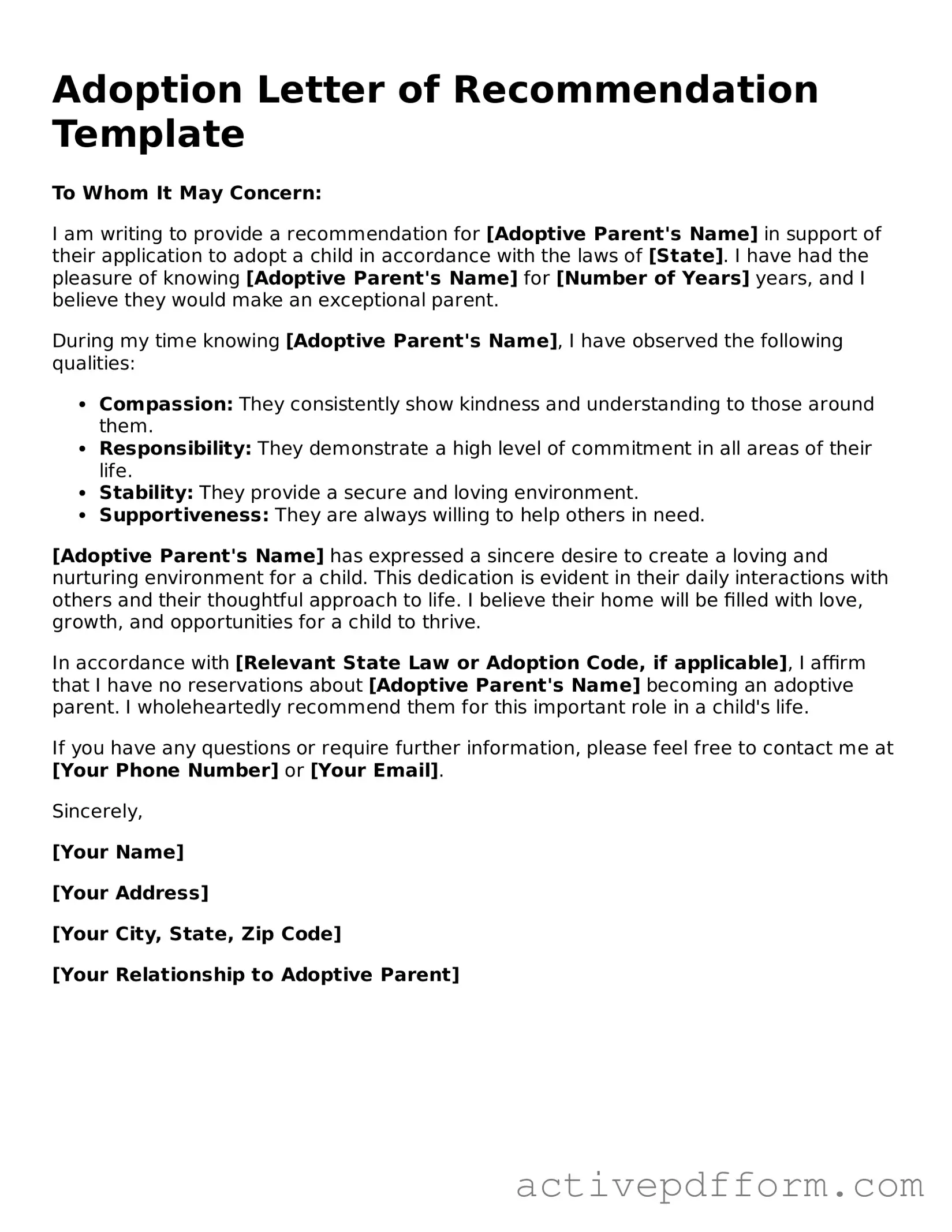Blank Adoption Letter of Recommendation Document