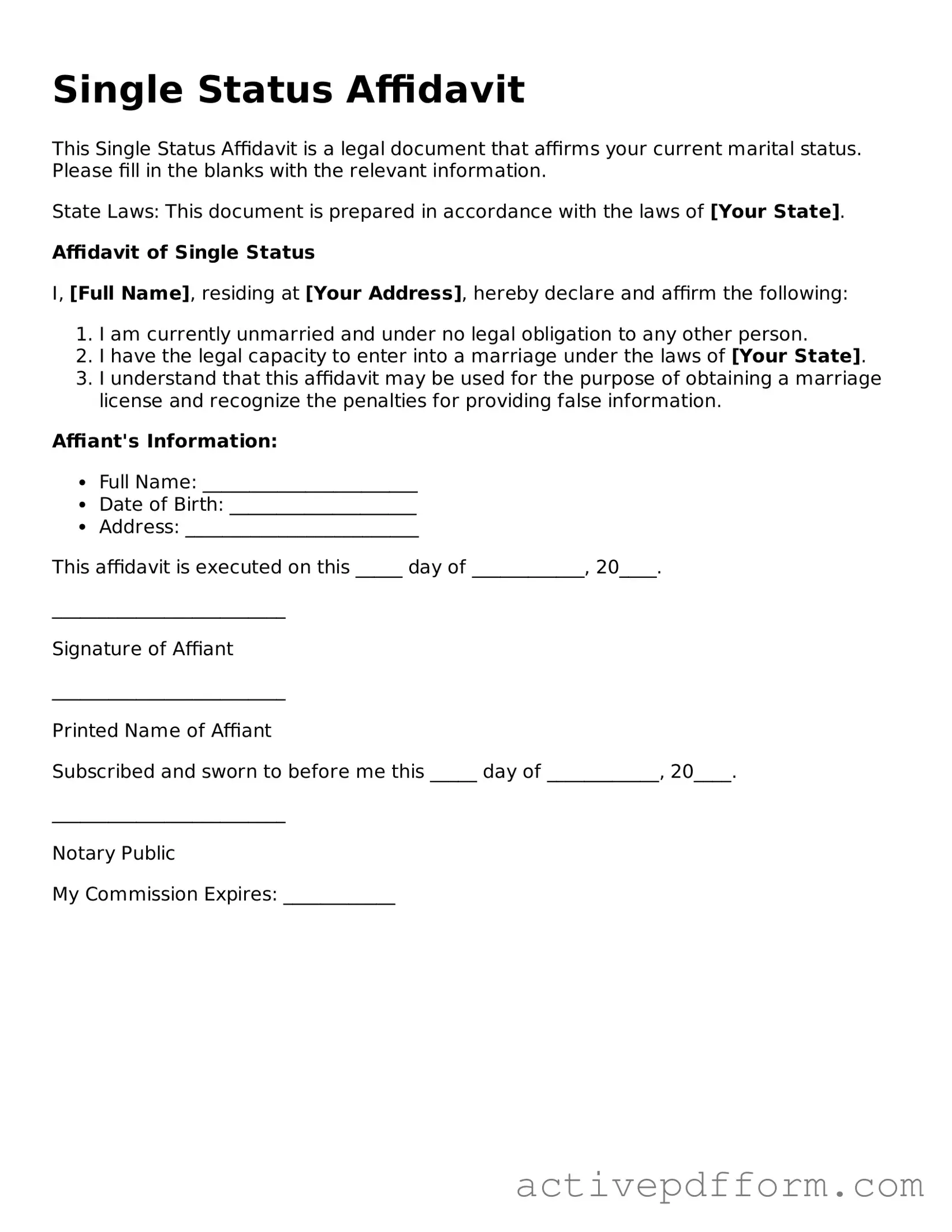 Blank Single Status Affidavit Document
