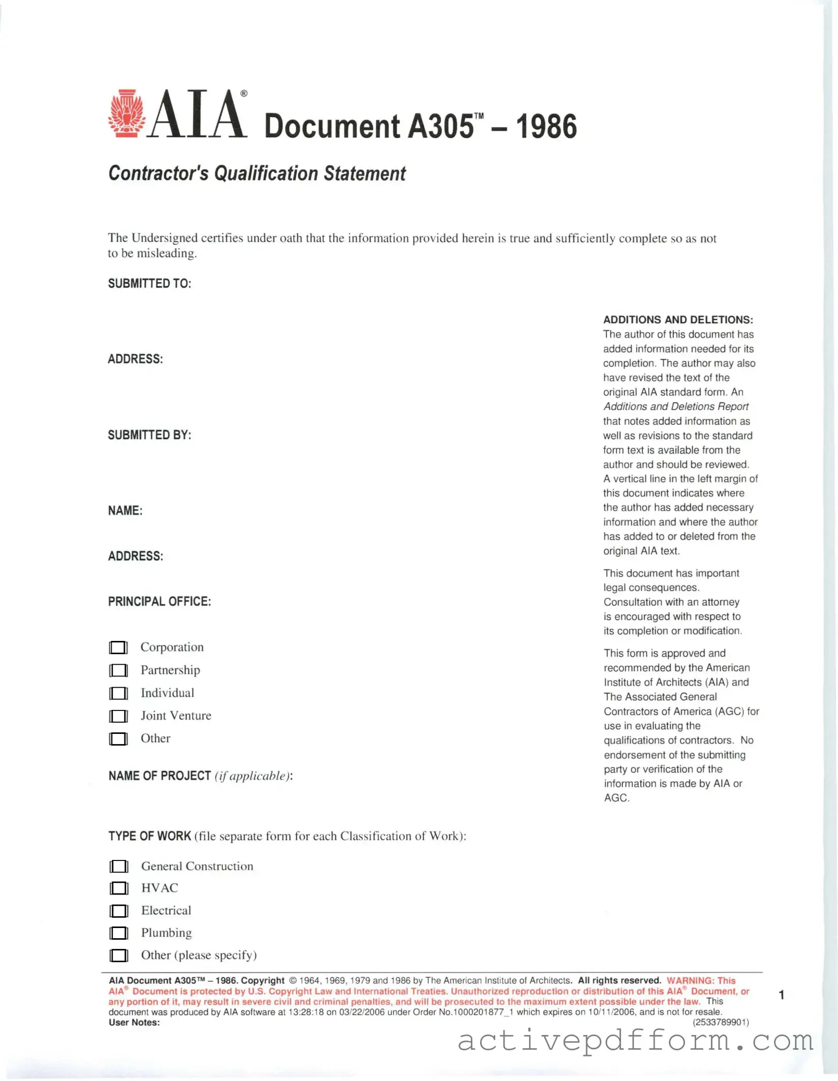 Free AIA A305 Template