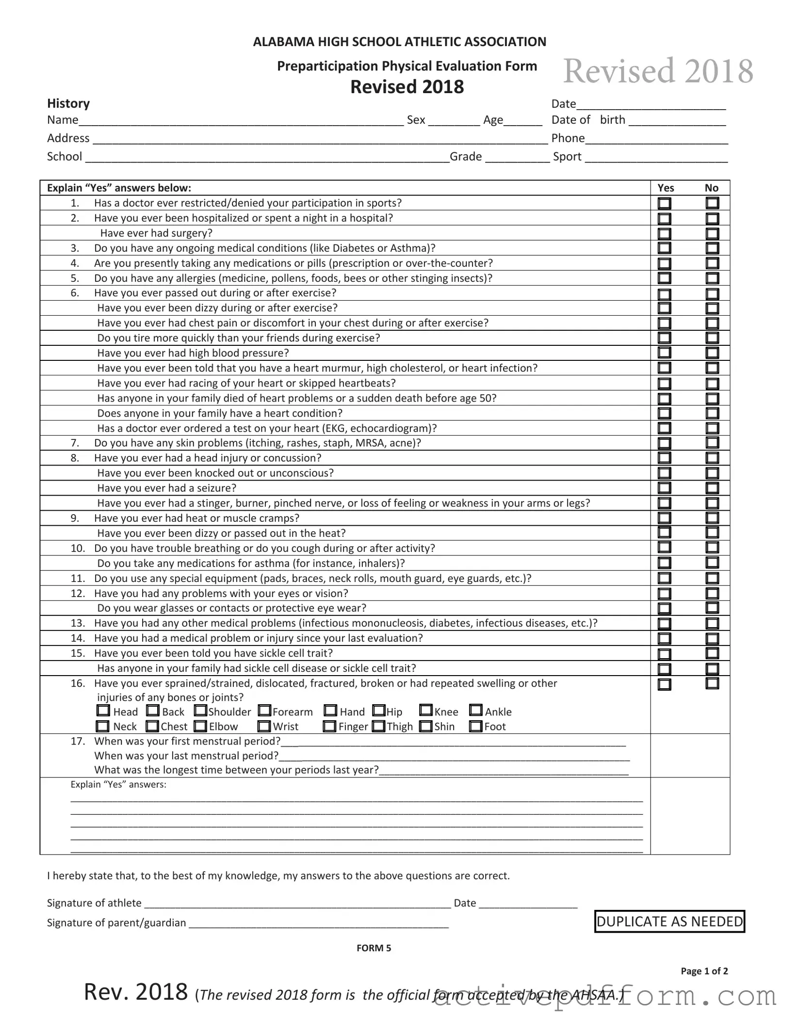 Free Alabama High School Physical Template
