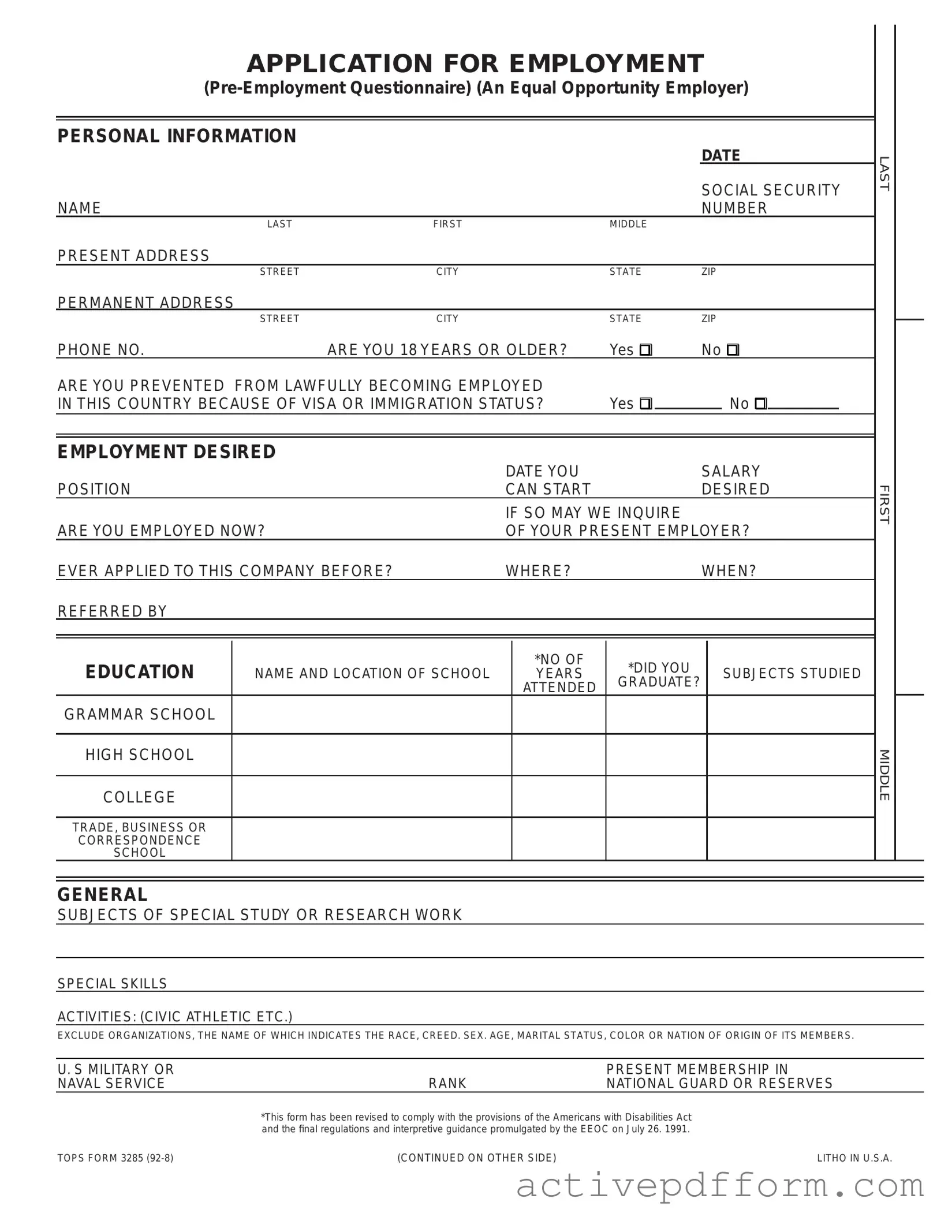 Free Employment Application Pdf Template