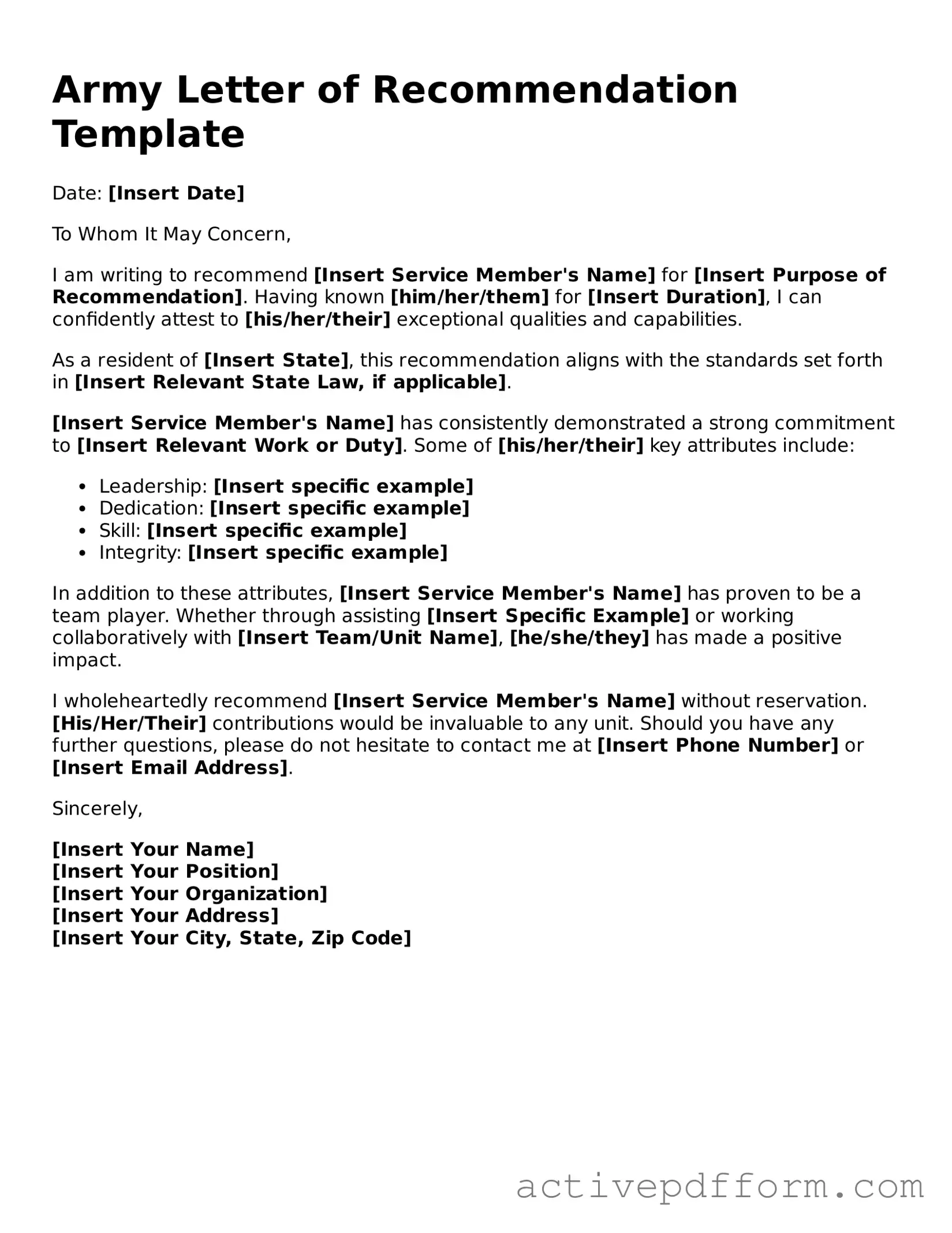 Blank Army Letter of Recommendation Document