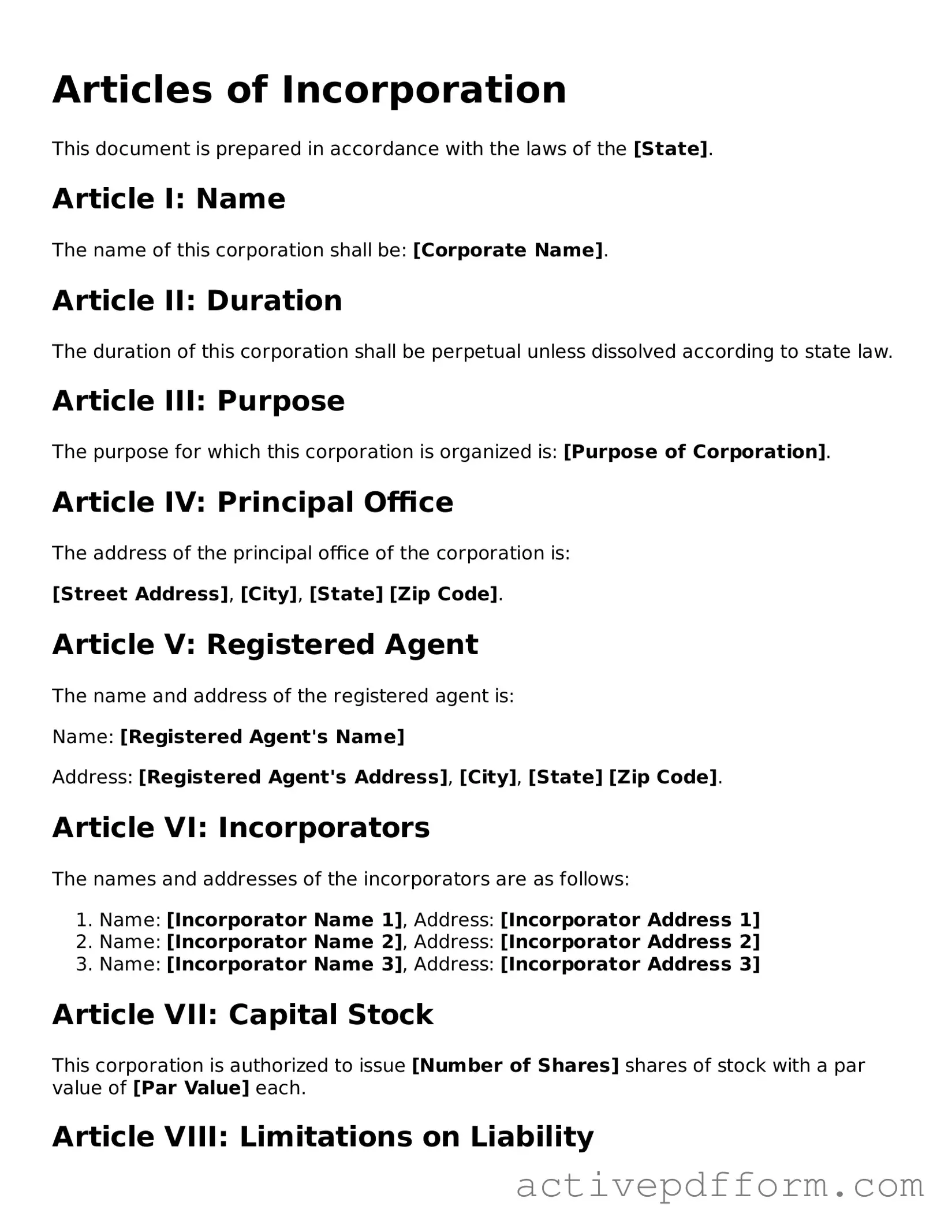 Blank Articles of Incorporation Document