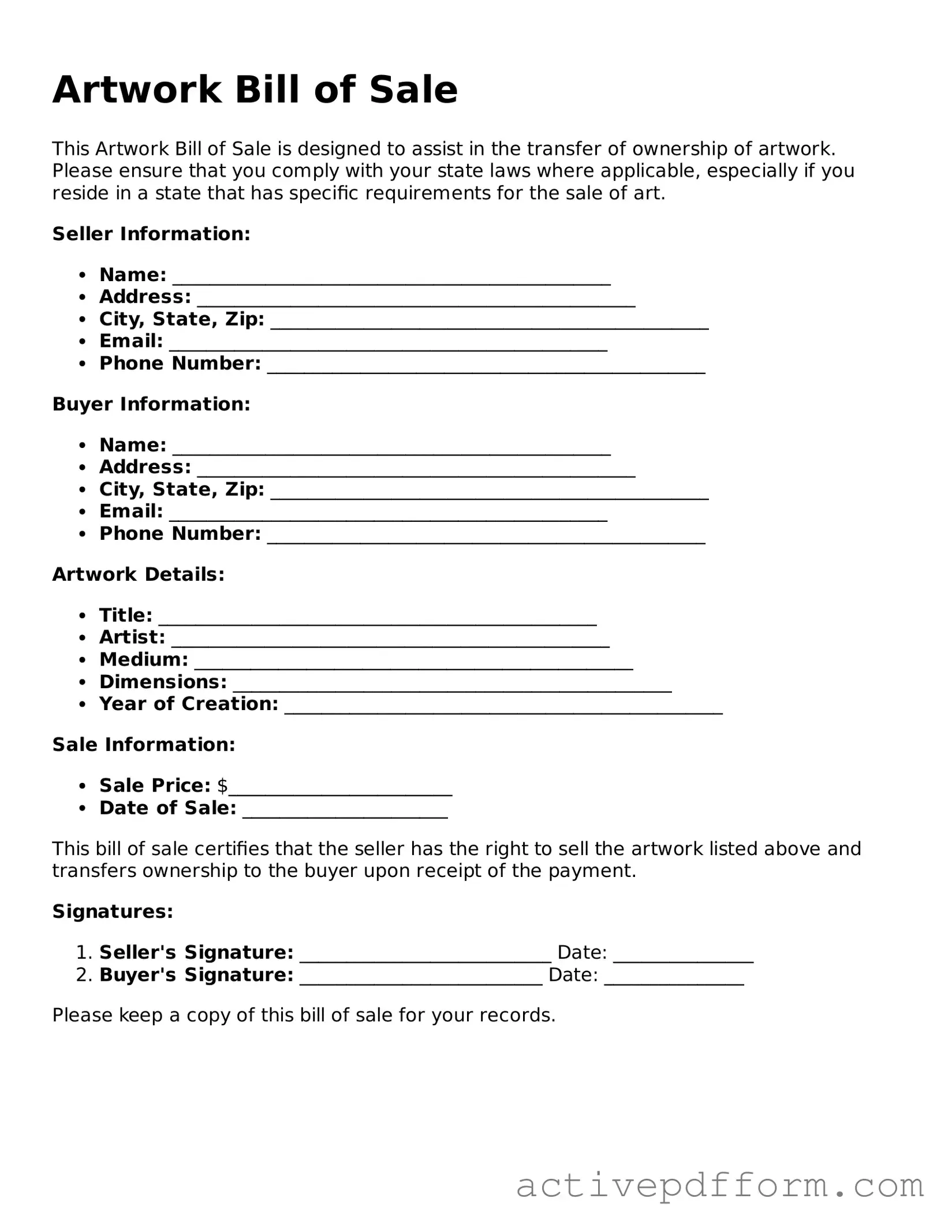 Blank Artwork Bill of Sale Document