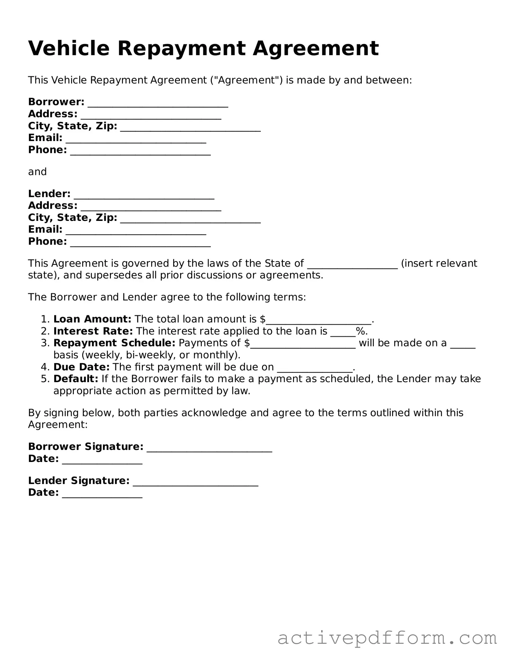 Blank Vehicle Repayment Agreement Document