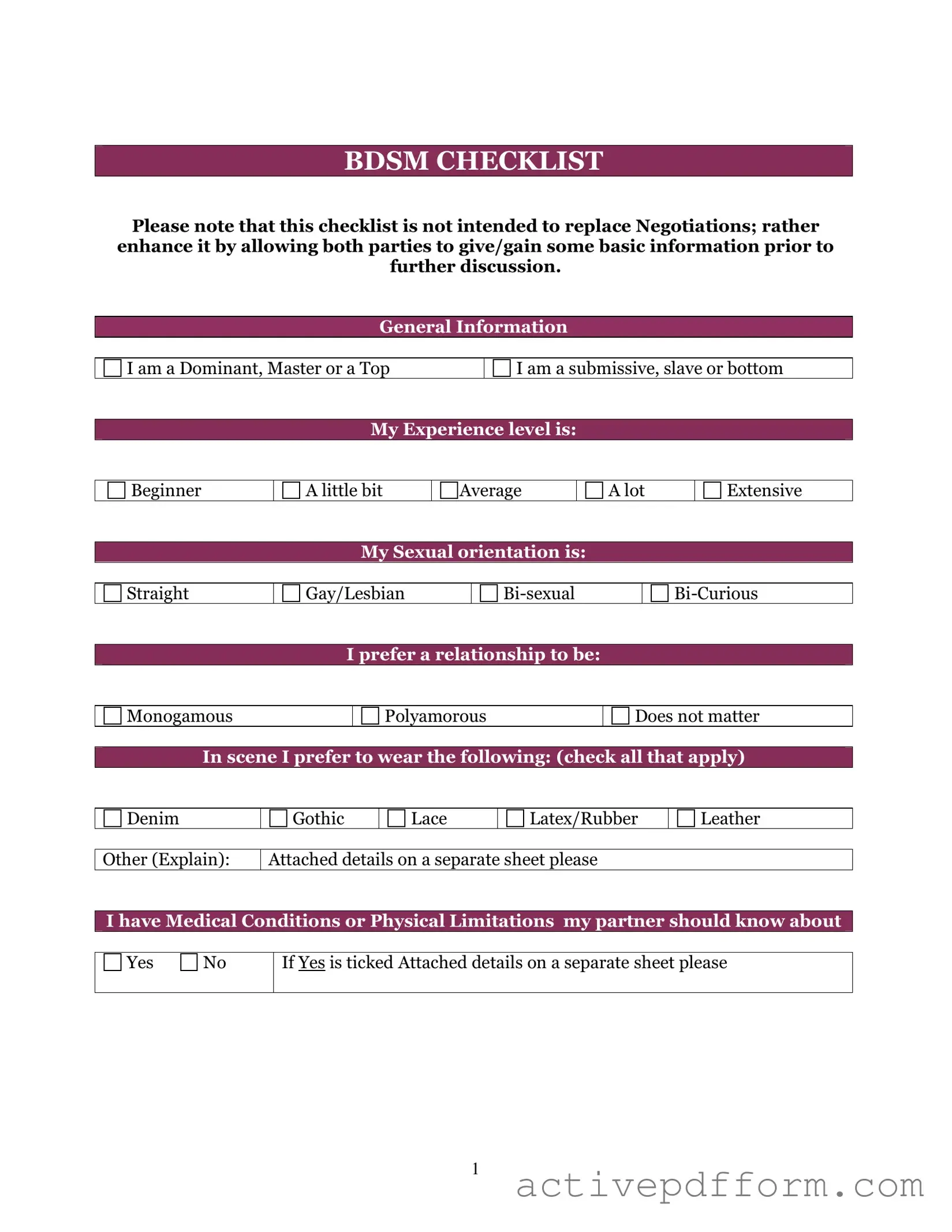 Free Bdsm Checklist Template
