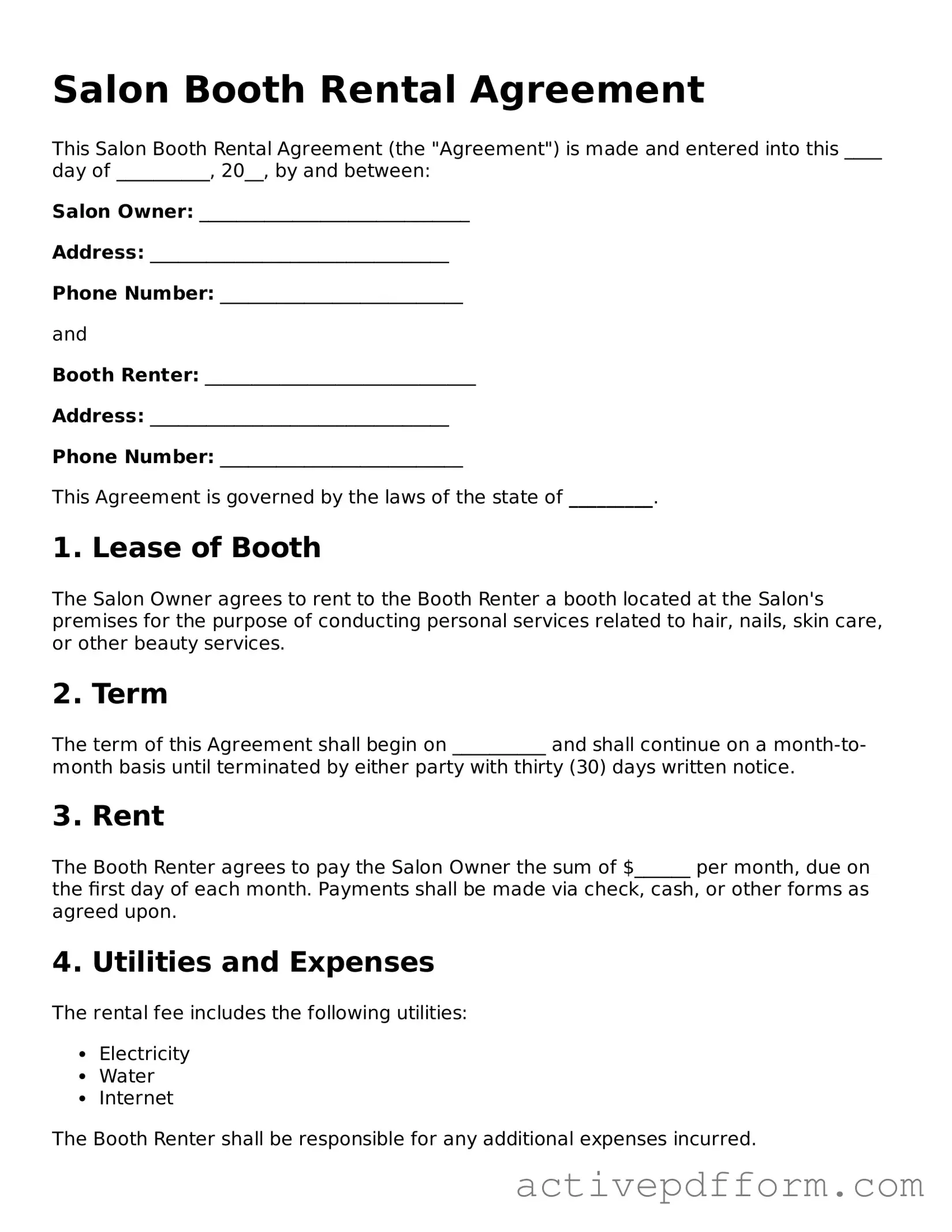Blank Salon Booth Rental Agreement Document