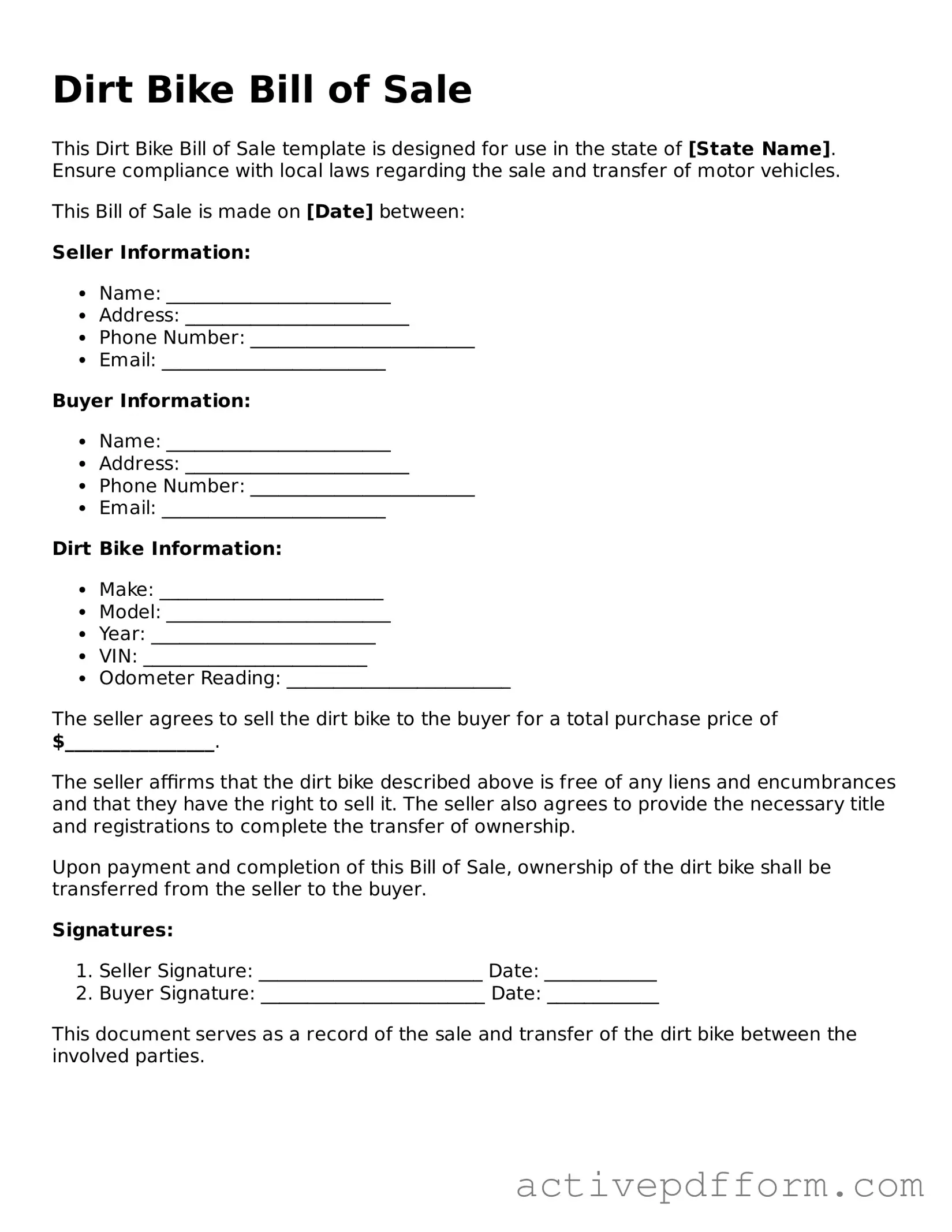 Blank Dirt Bike Bill of Sale Document