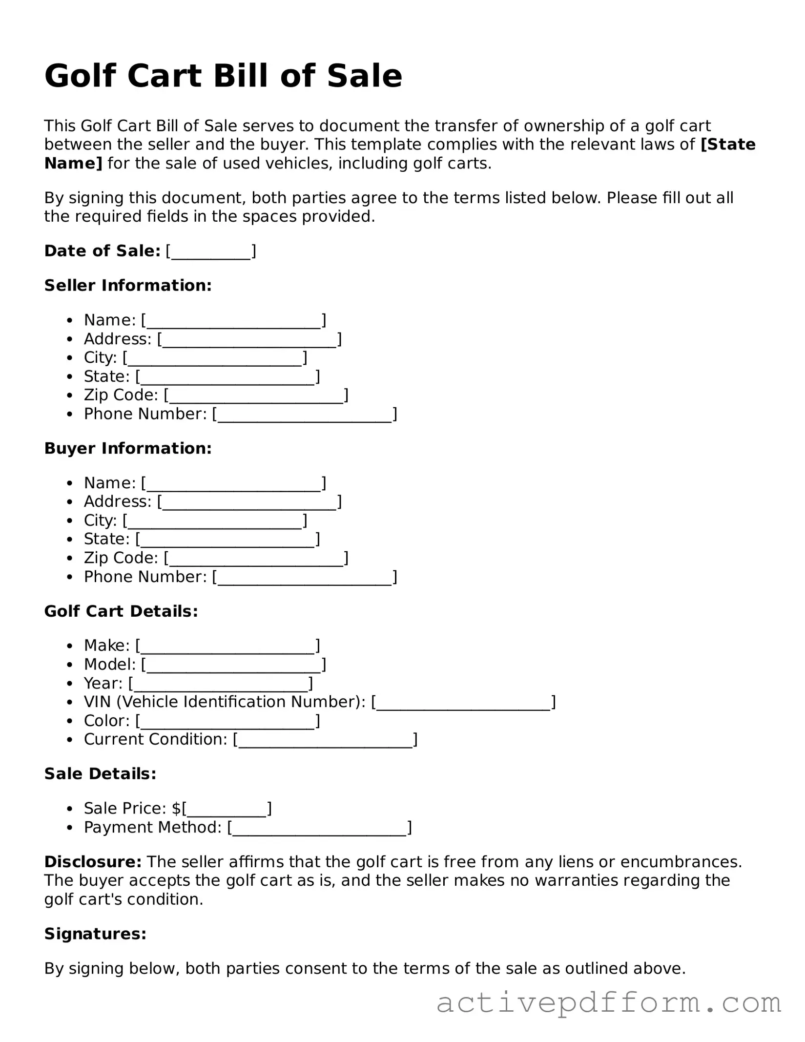 Blank Golf Cart Bill of Sale Document