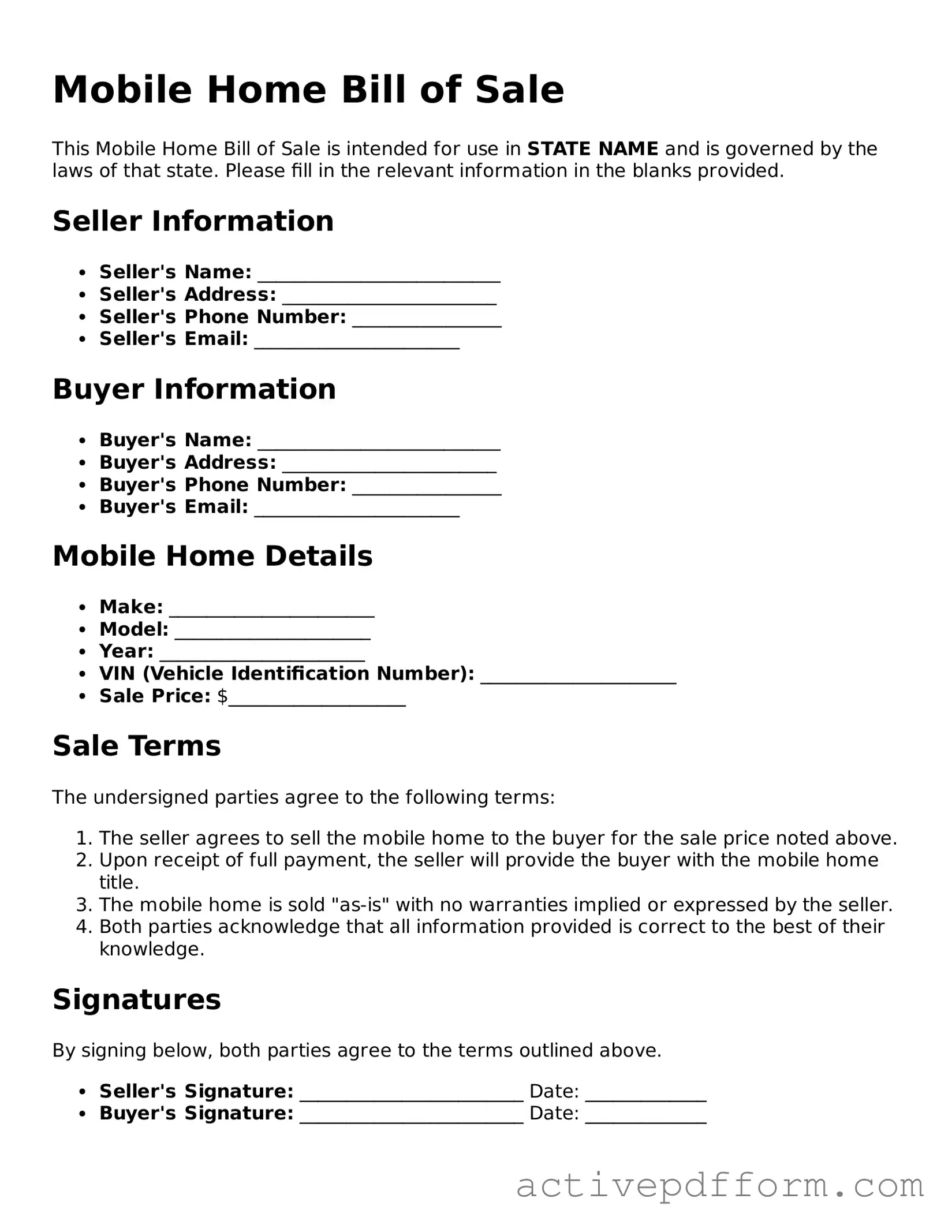 Blank Mobile Home Bill of Sale Document
