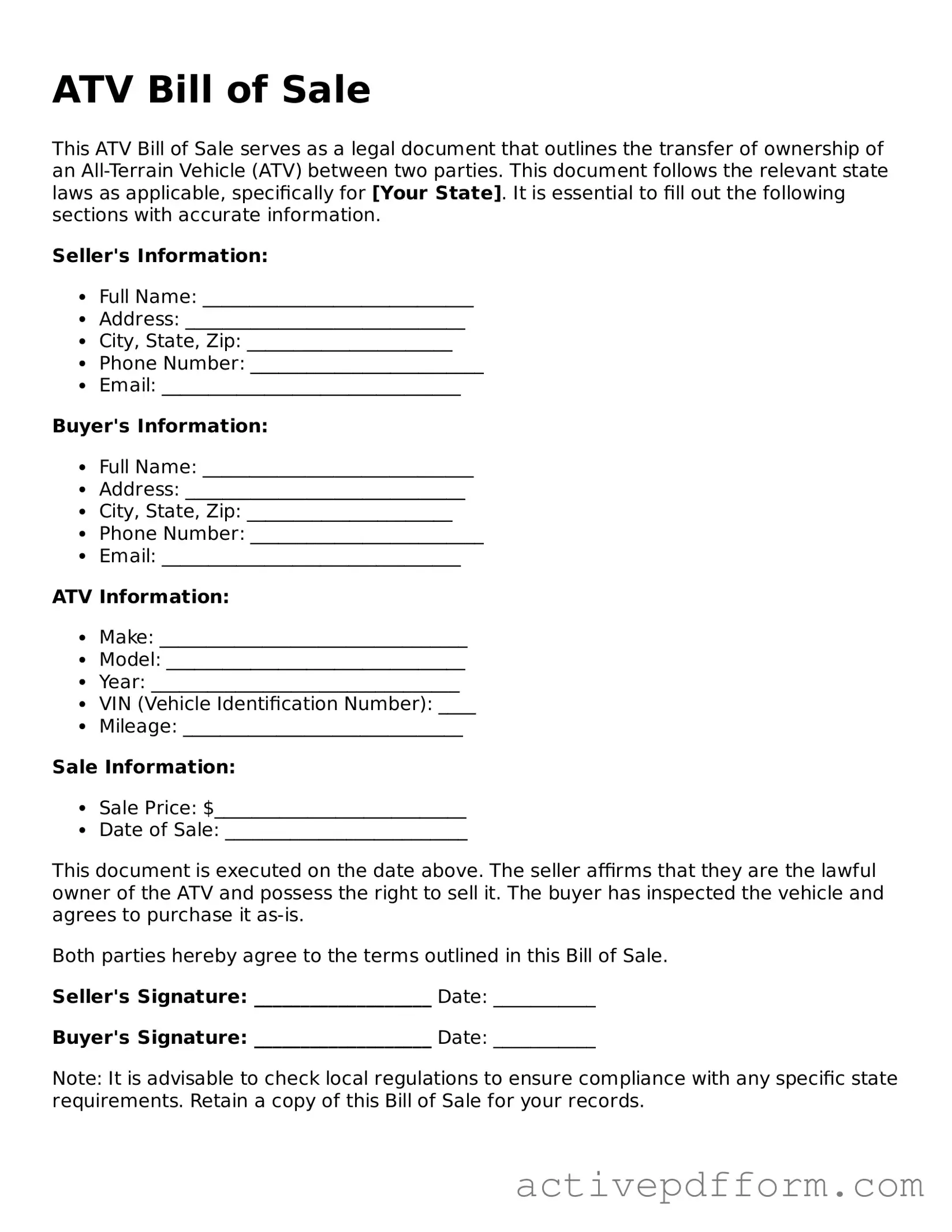 Blank ATV Bill of Sale Document