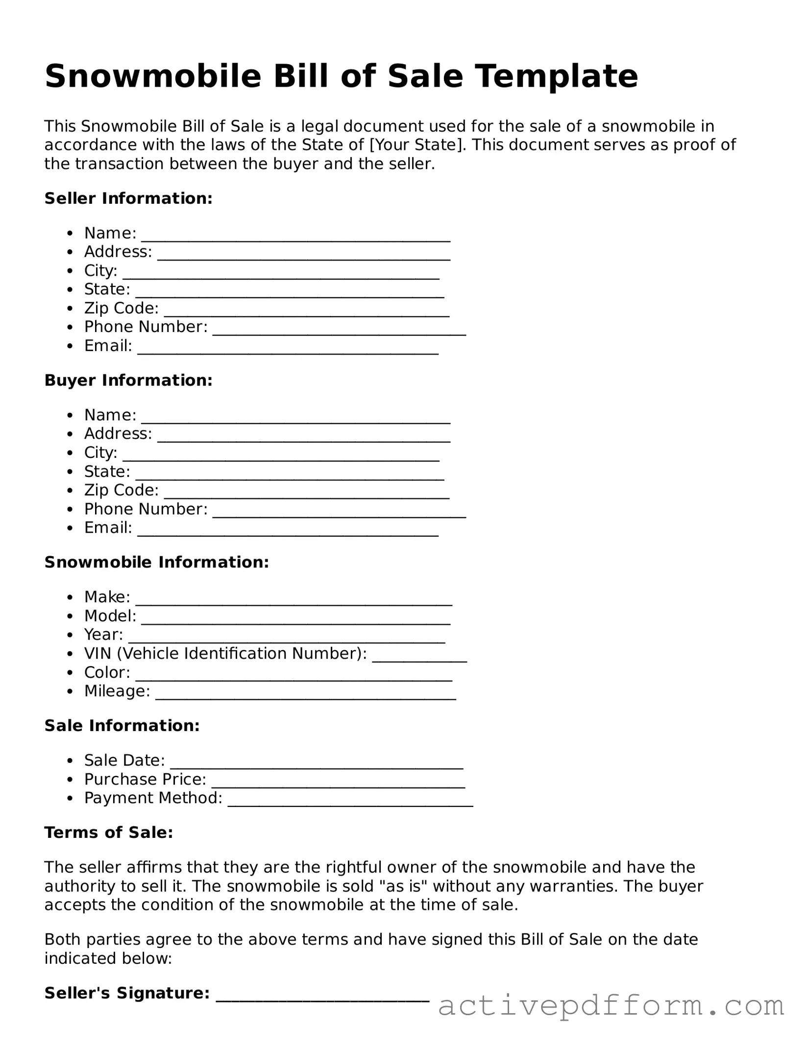 Blank Snowmobile Bill of Sale Document