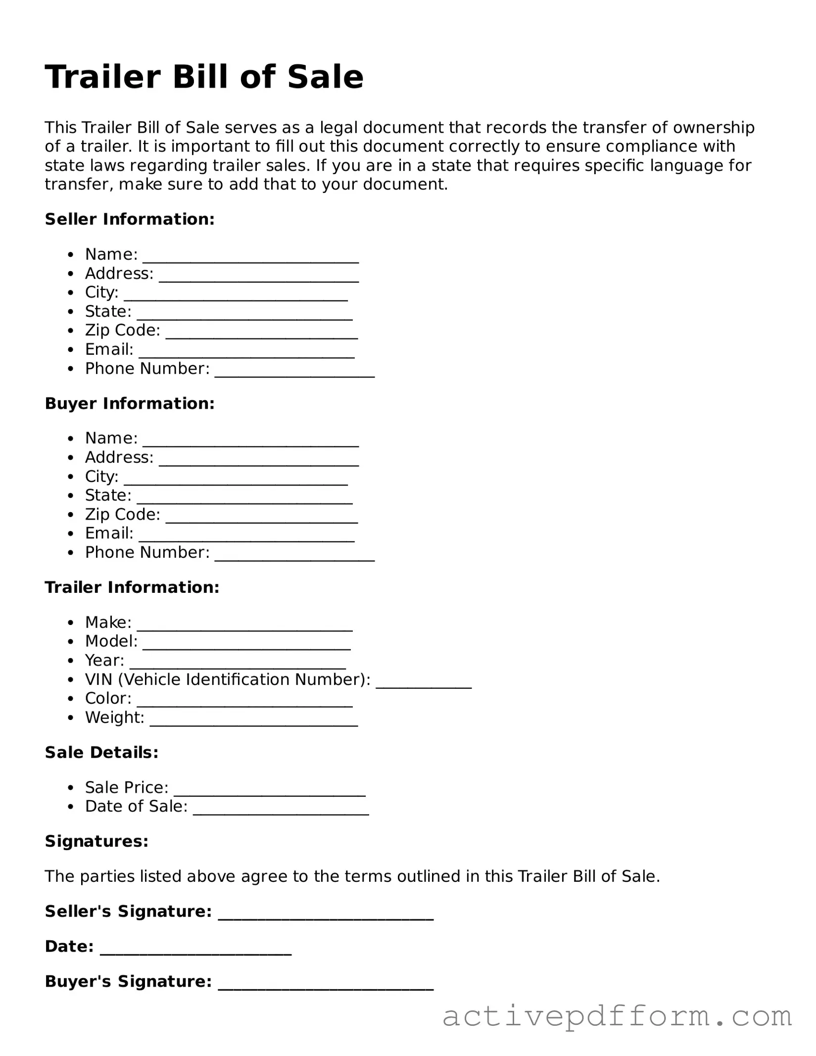 Blank Trailer Bill of Sale Document