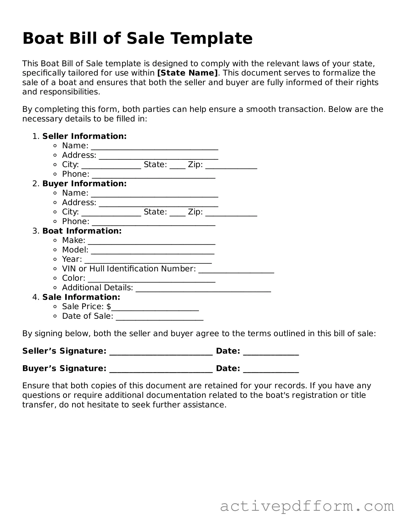 Blank Boat Bill of Sale Document