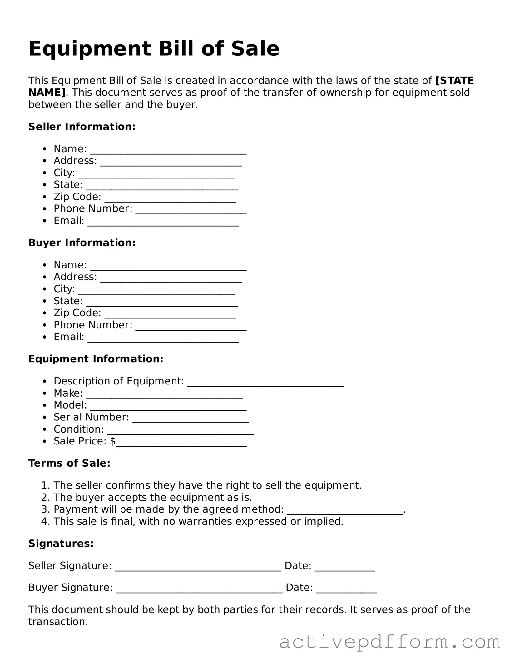 Blank Equipment Bill of Sale Document