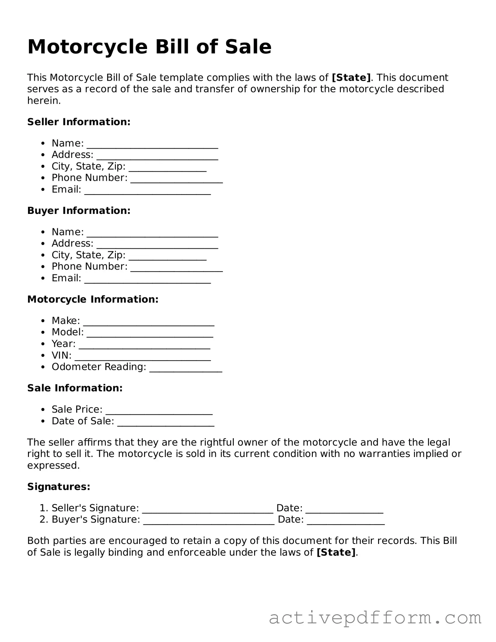 Blank Motorcycle Bill of Sale Document