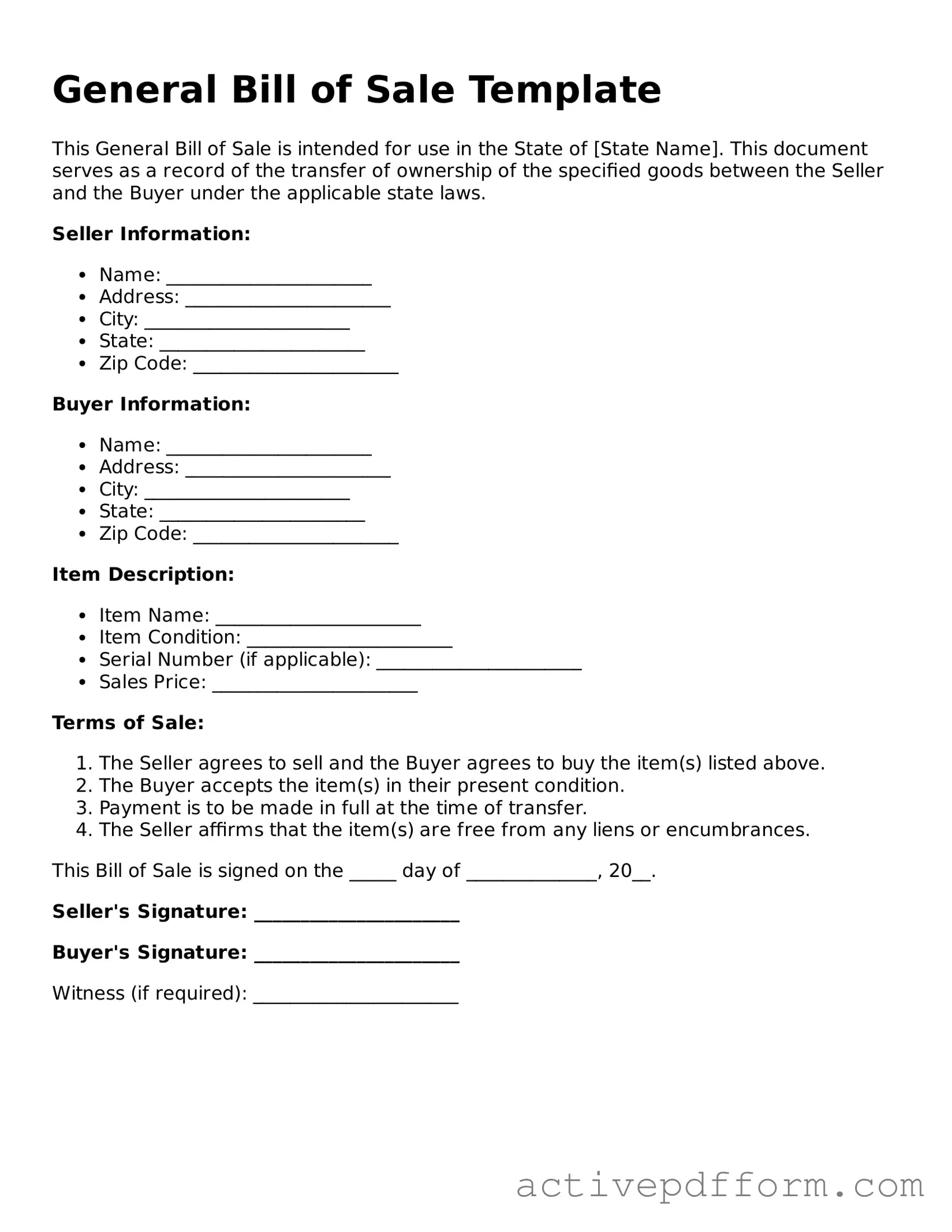 Blank General Bill of Sale Document