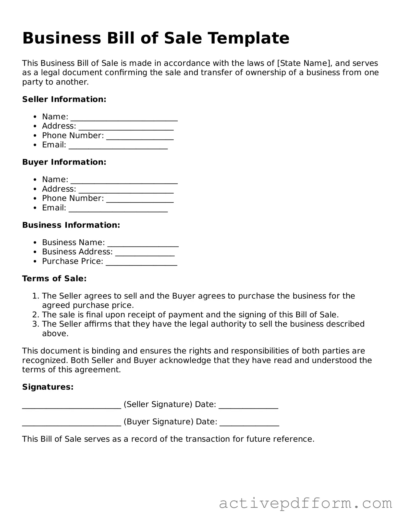 Blank Business Bill of Sale Document