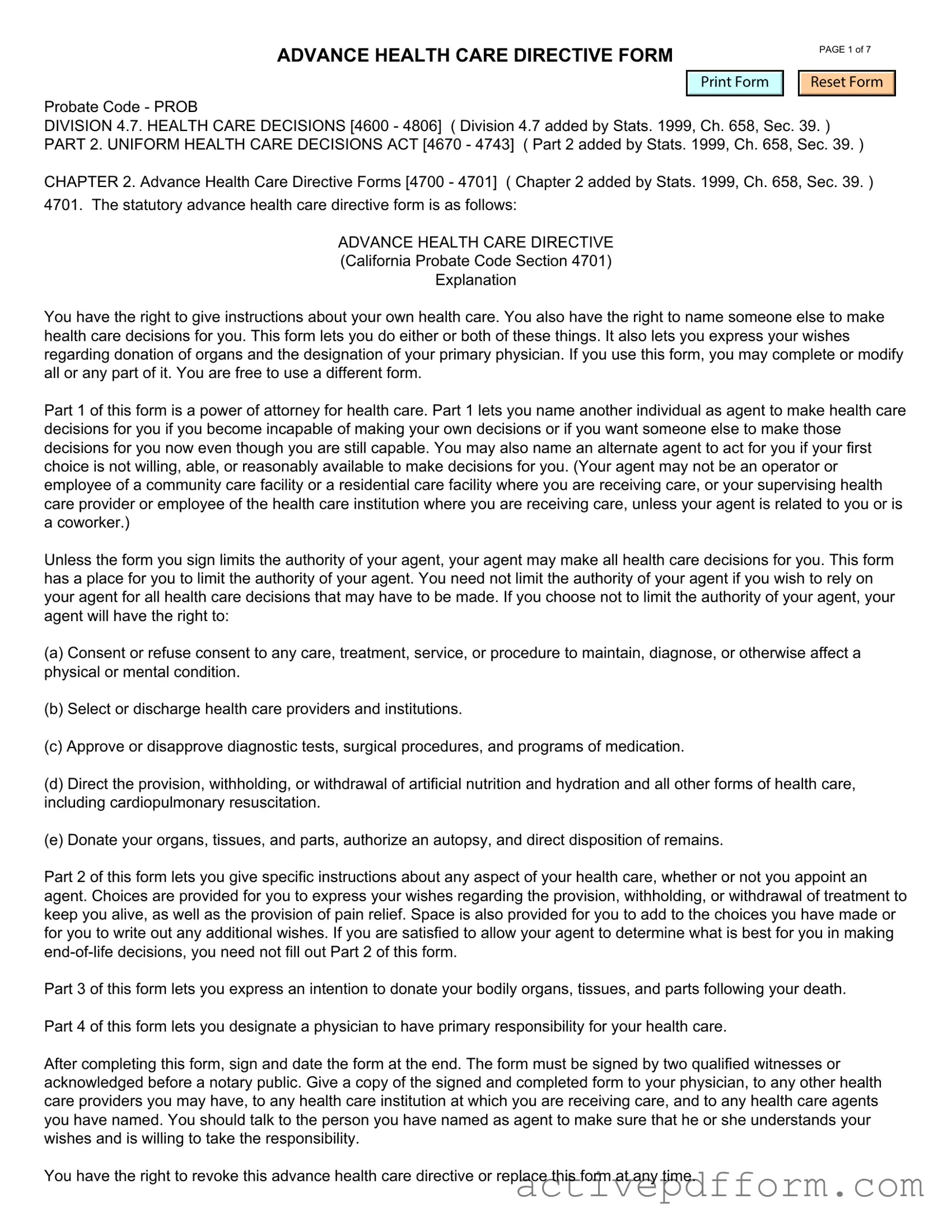 Free California Advanced Health Care Directive Template