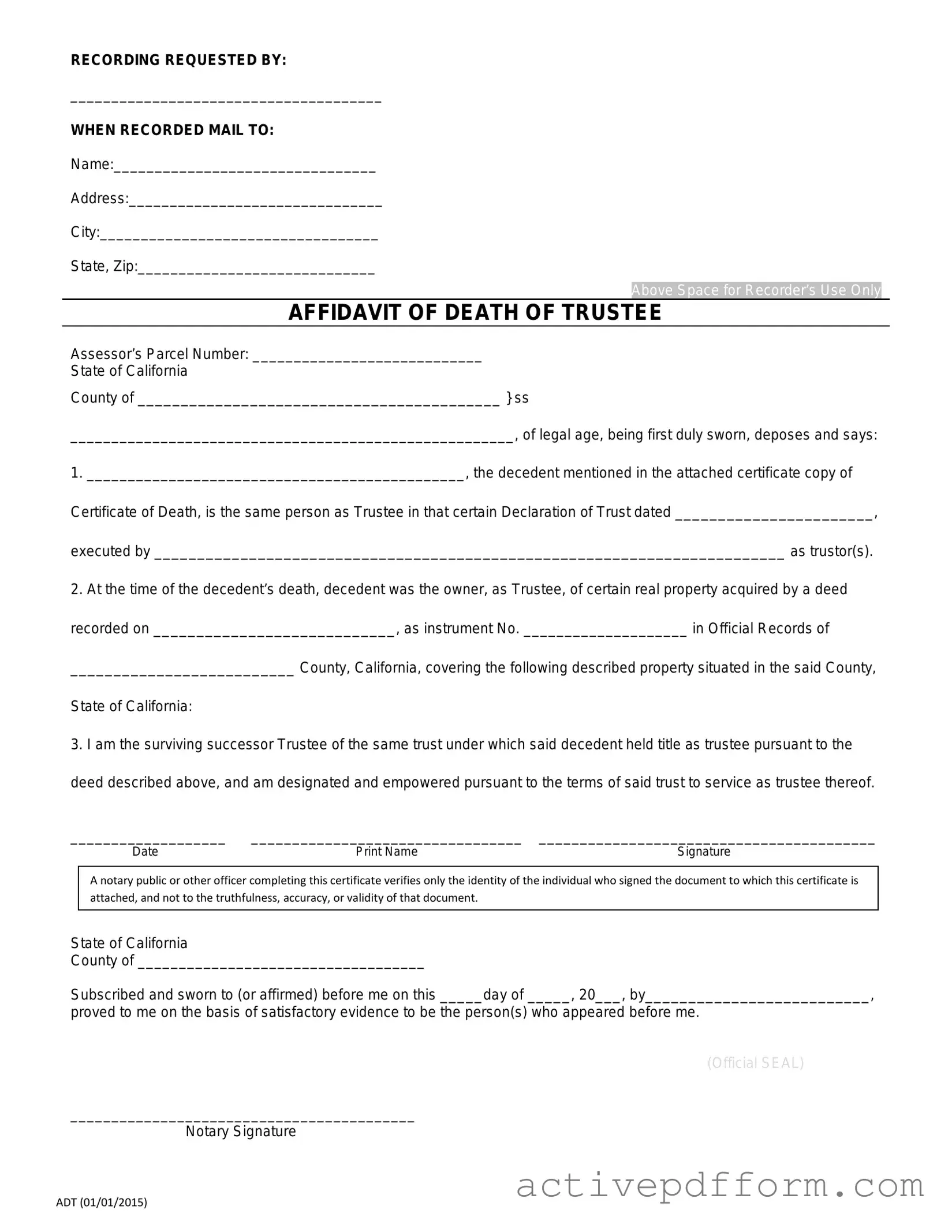 Free California Affidavit of Death of a Trustee Template