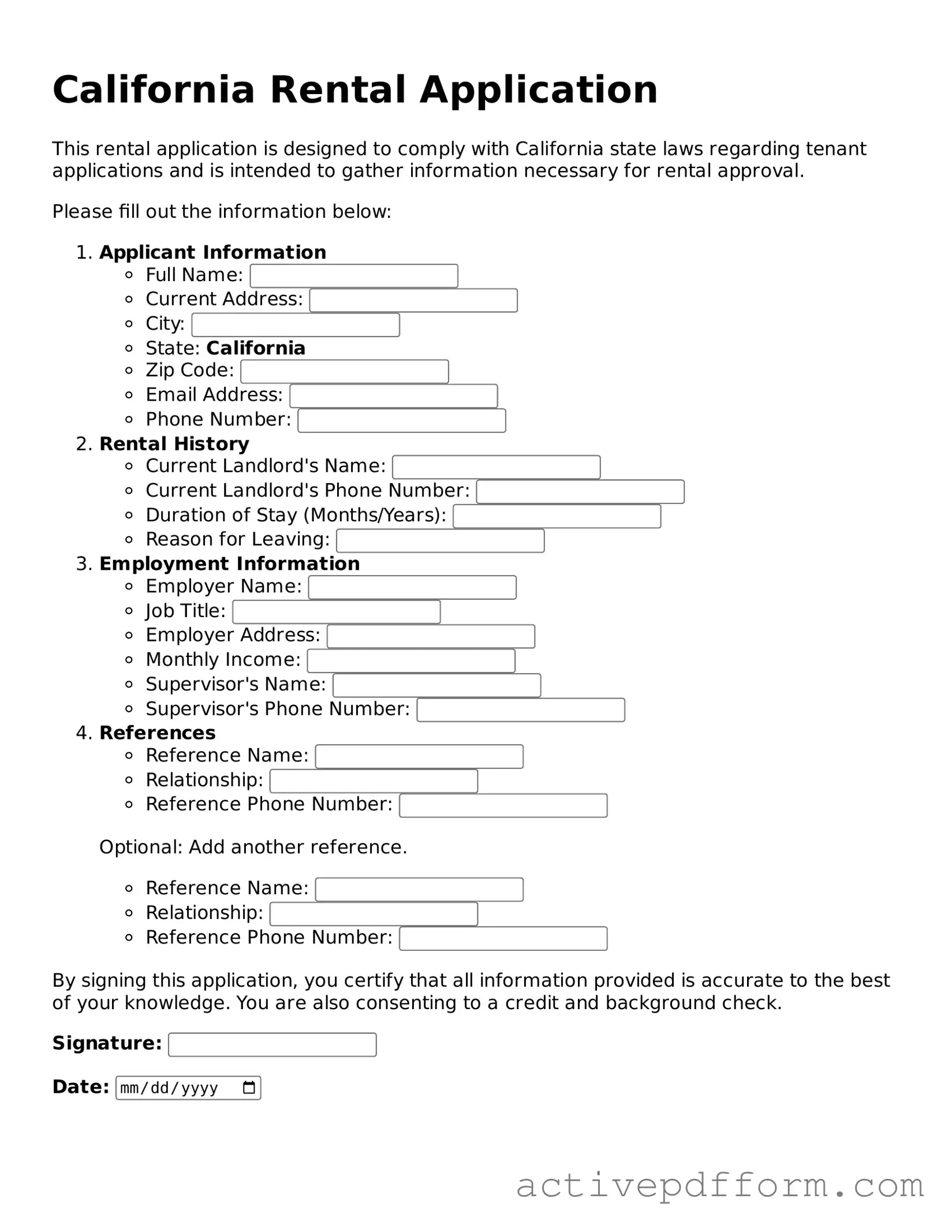 Blank California Rental Application Document