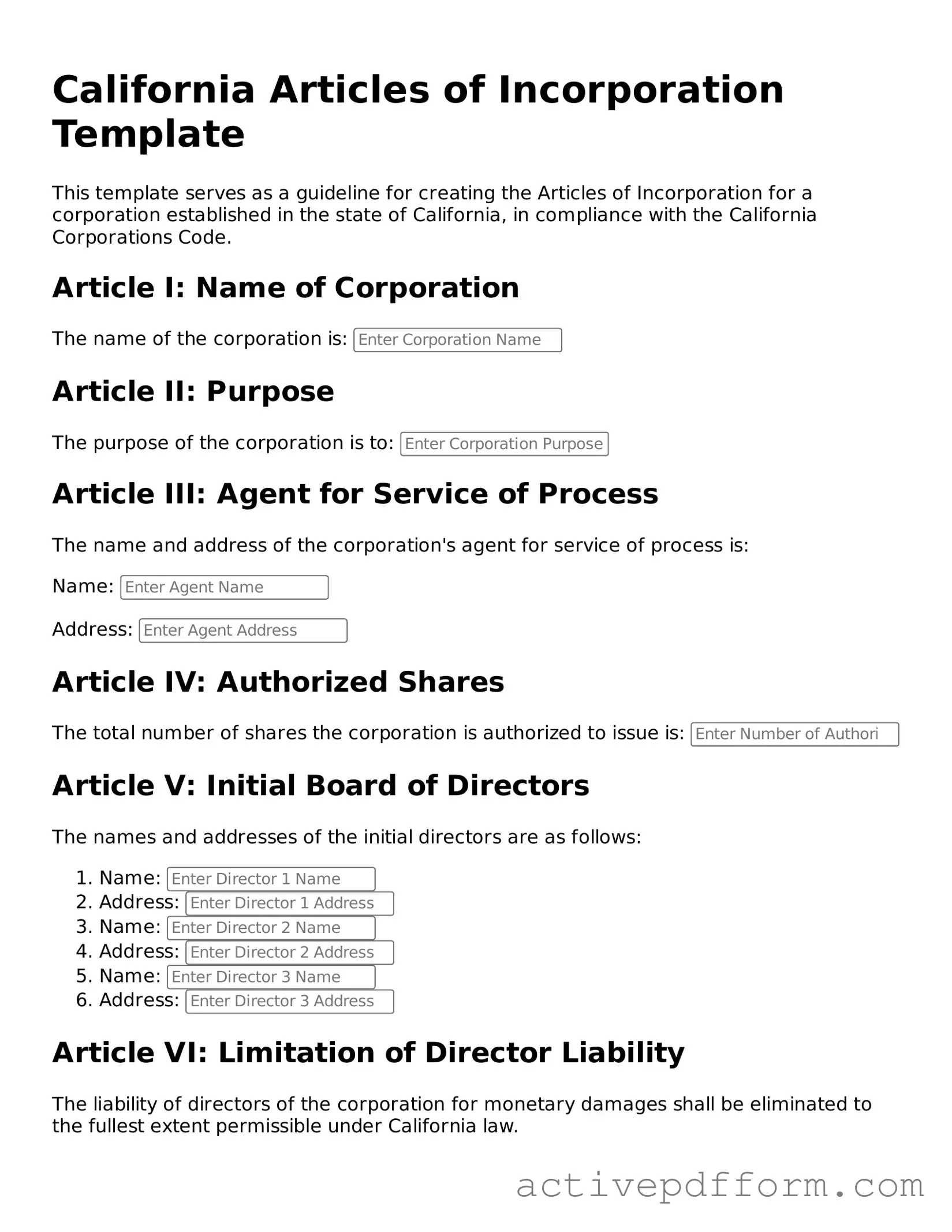 Blank California Articles of Incorporation Document