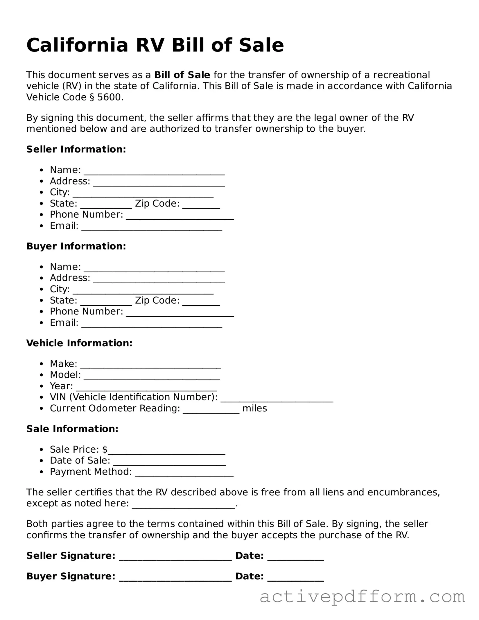 Blank California RV Bill of Sale Document