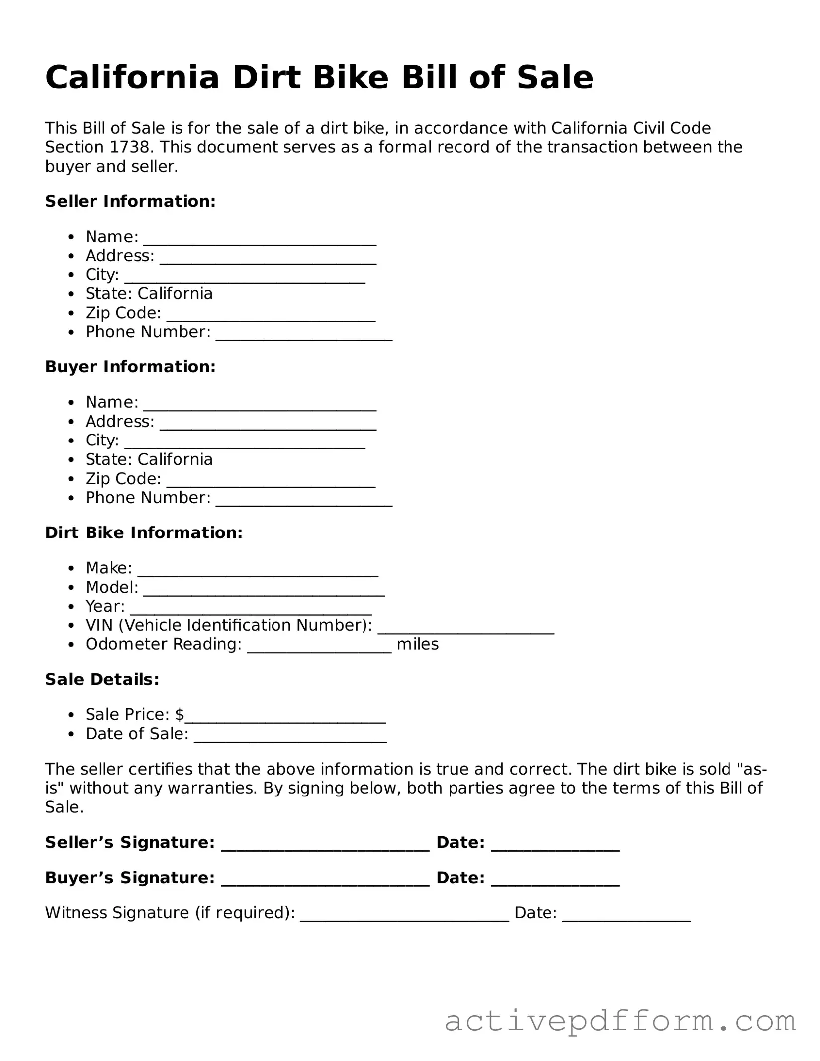 Blank California Dirt Bike Bill of Sale Document
