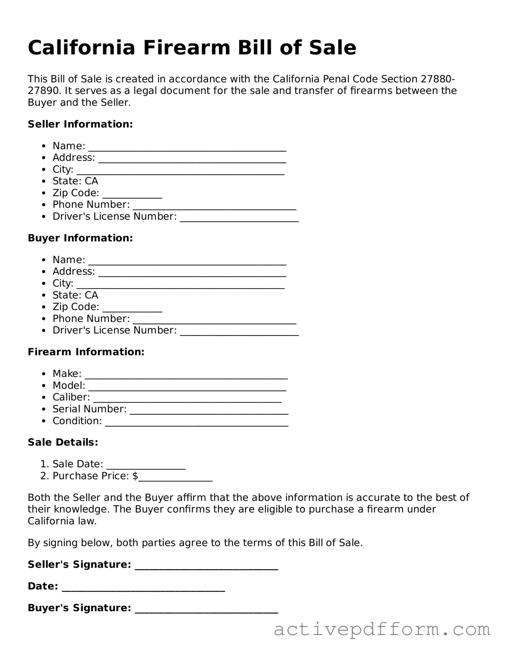 Blank California Firearm Bill of Sale Document