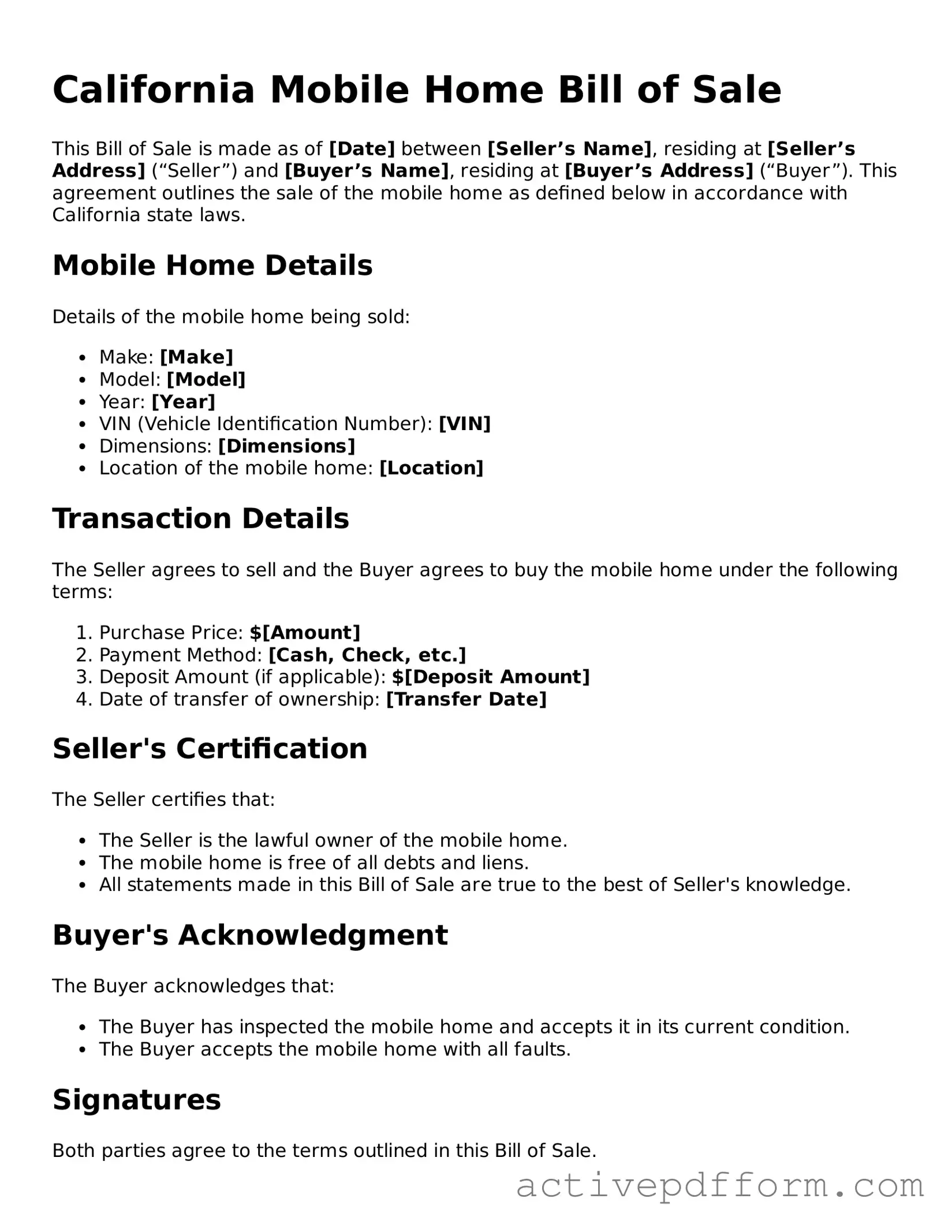 Blank California Mobile Home Bill of Sale Document