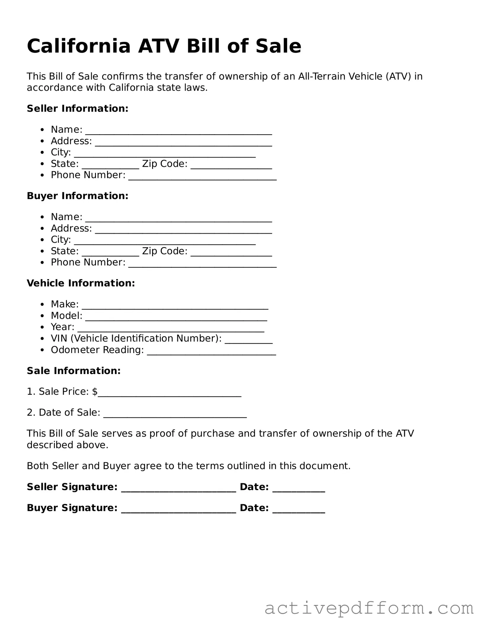 Blank California ATV Bill of Sale Document