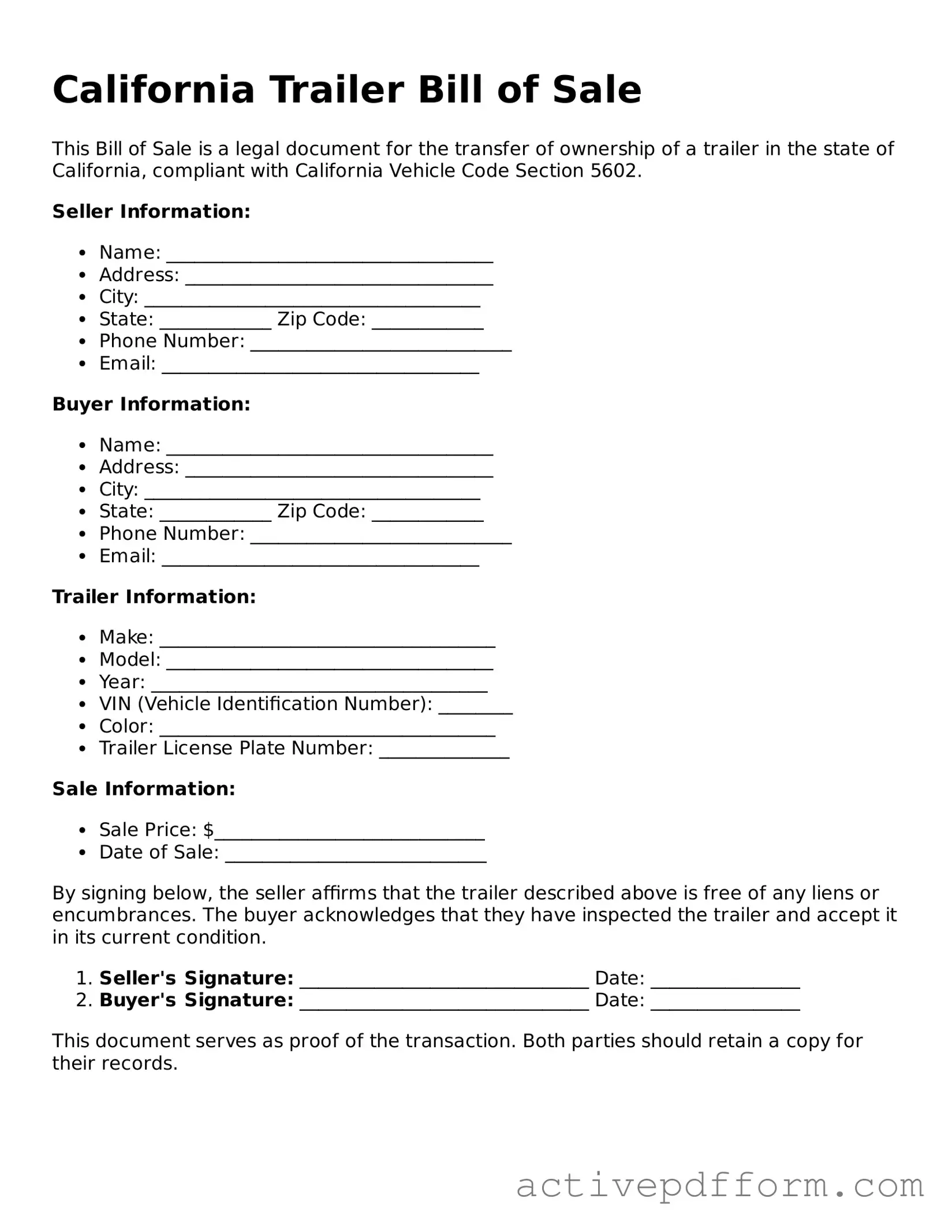 Blank California Trailer Bill of Sale Document