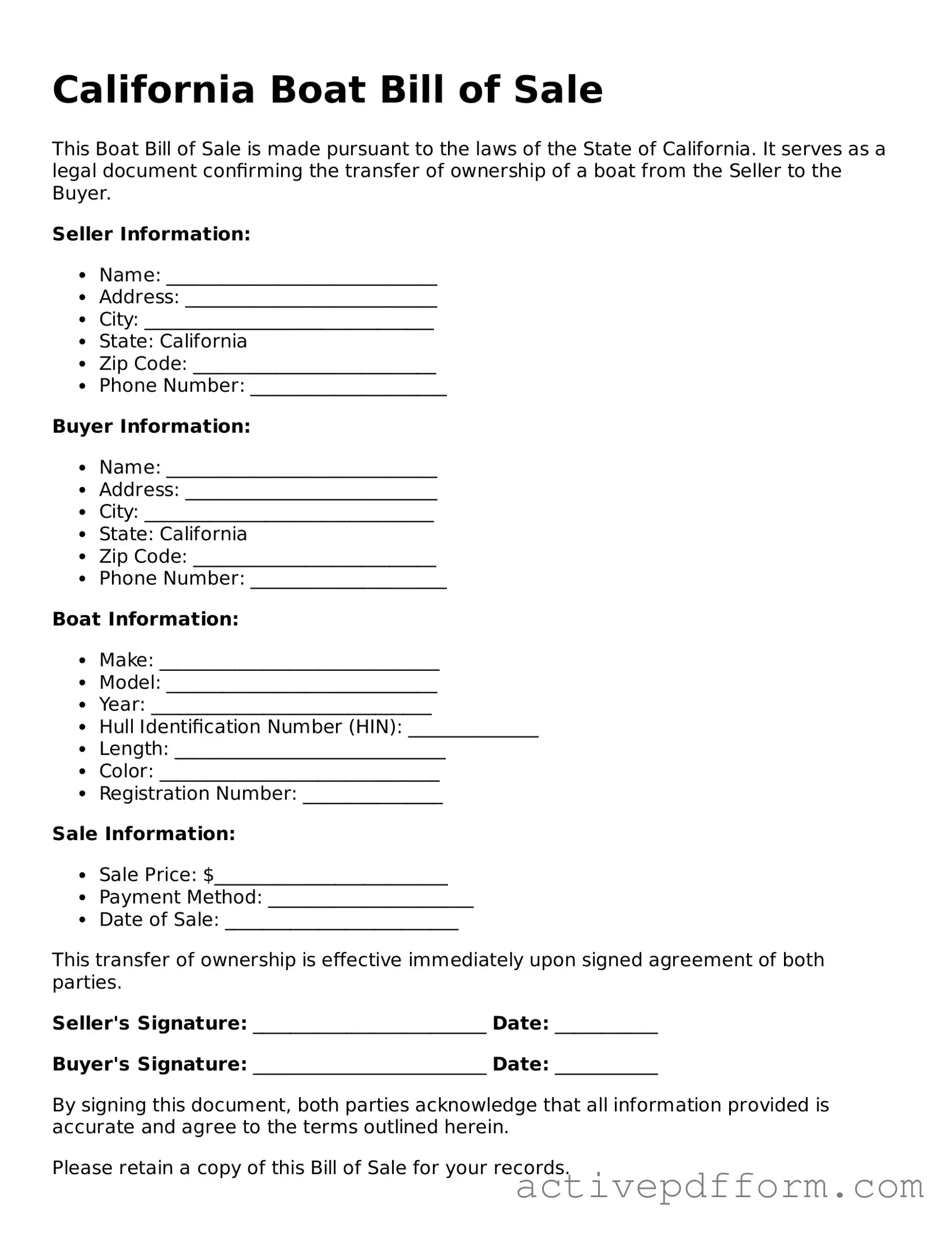 Blank California Boat Bill of Sale Document