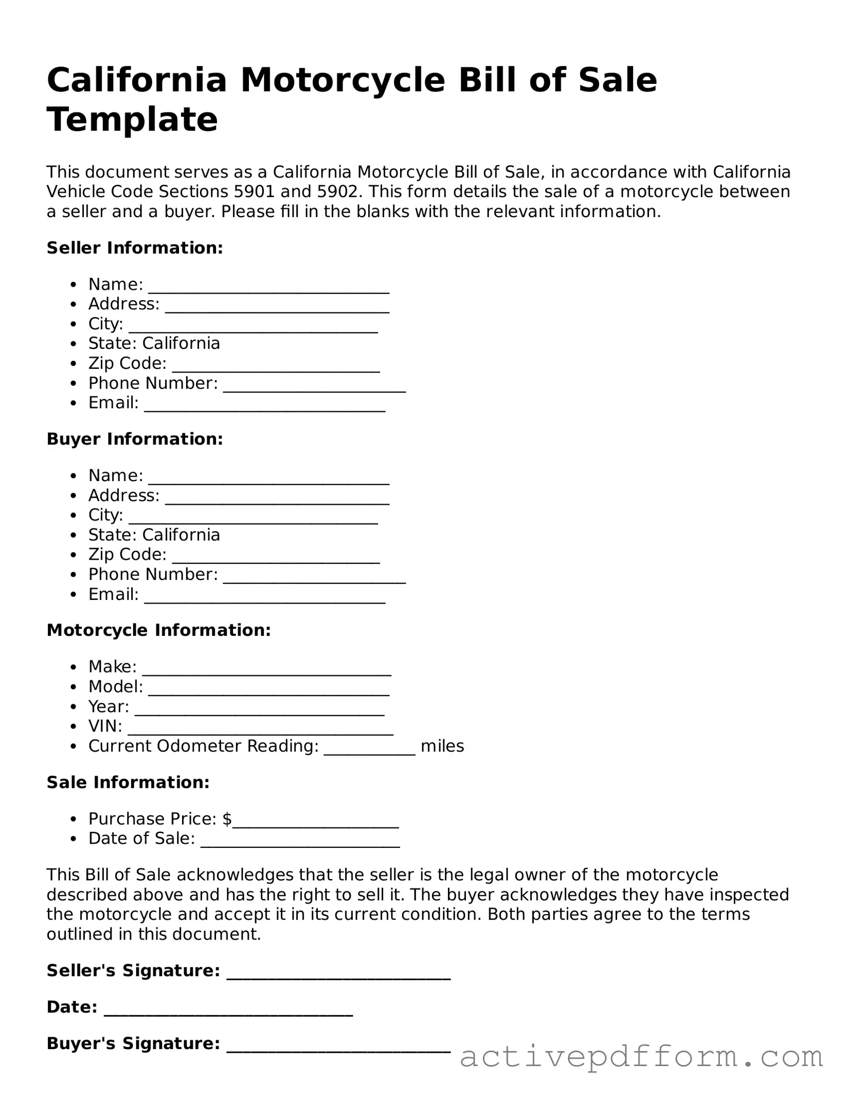 Blank California Motorcycle Bill of Sale Document