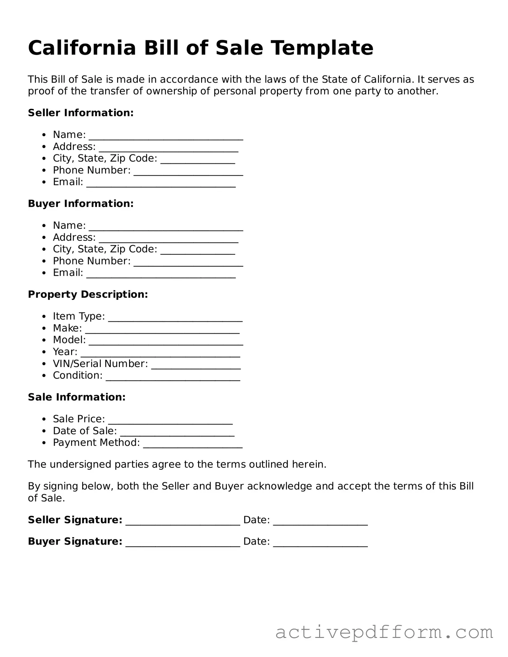 Blank California Bill of Sale Document