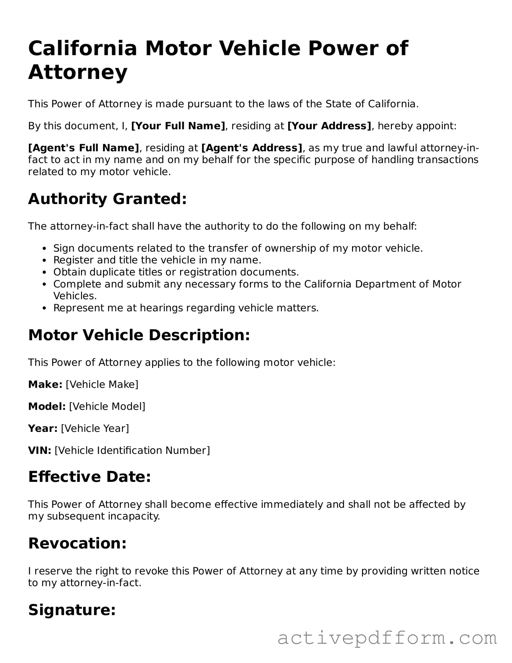 Blank California Motor Vehicle Power of Attorney Document