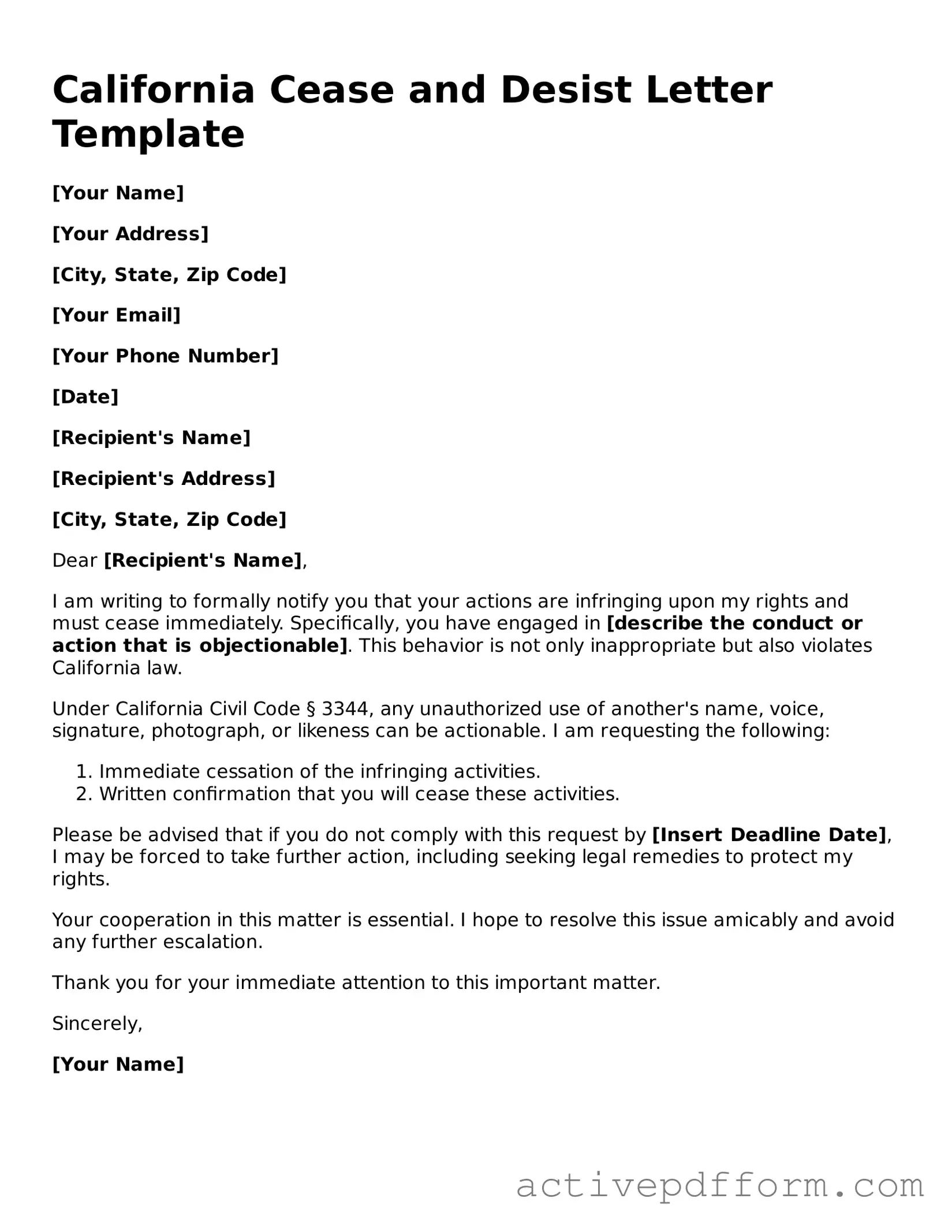 Blank California Cease and Desist Letter Document