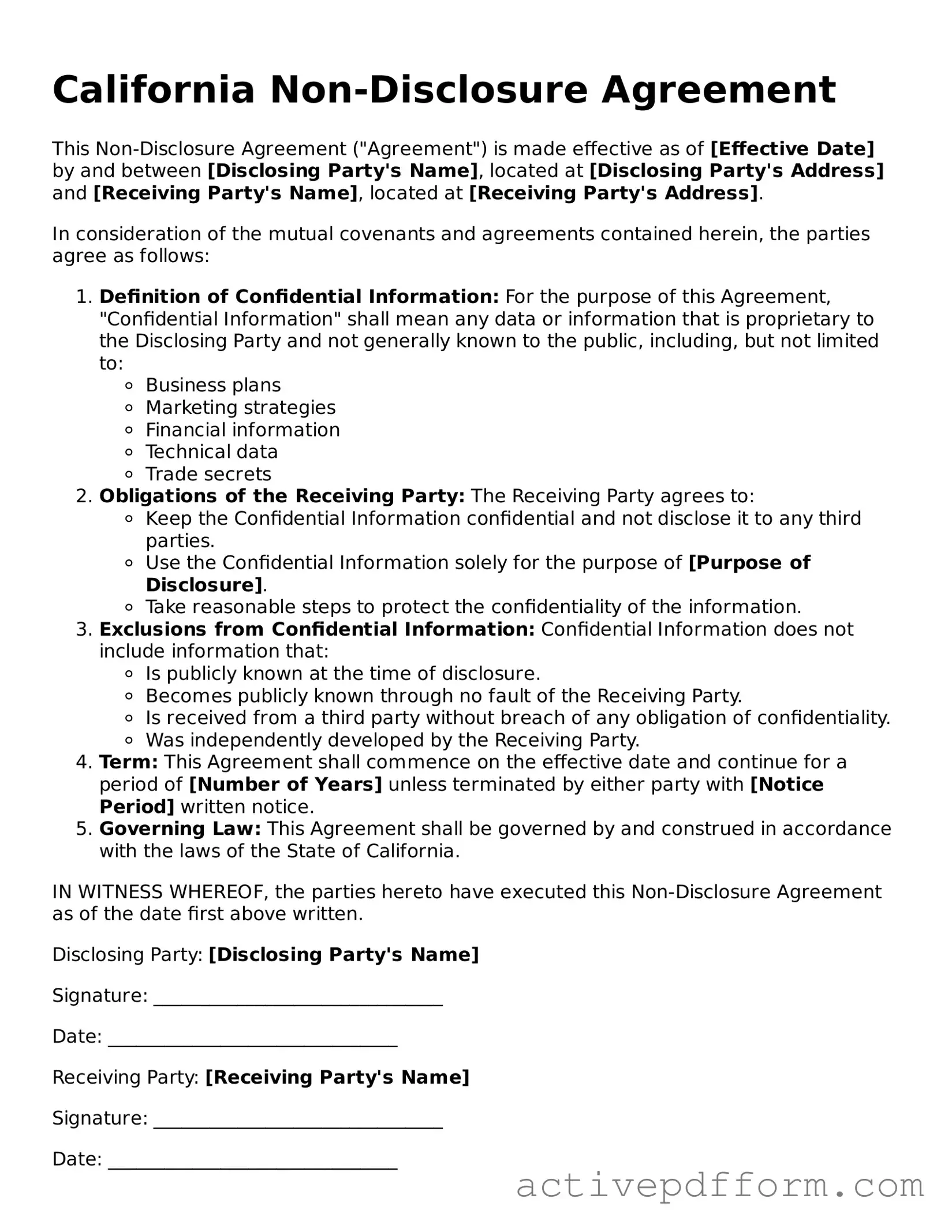Blank California Non-disclosure Agreement Document