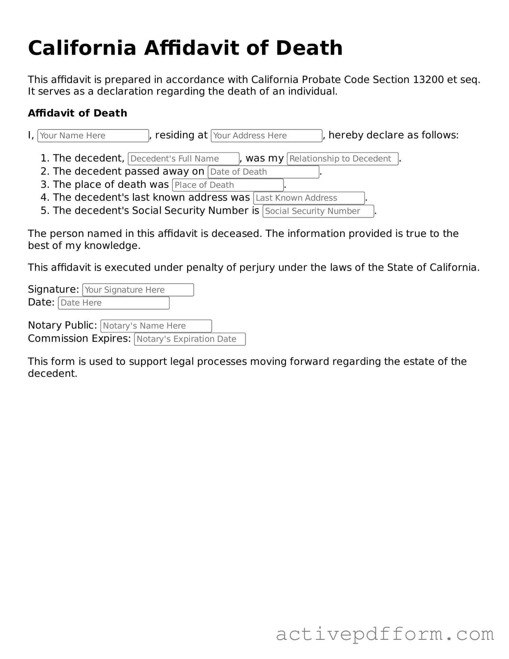 Blank California Affidavit of Death Document