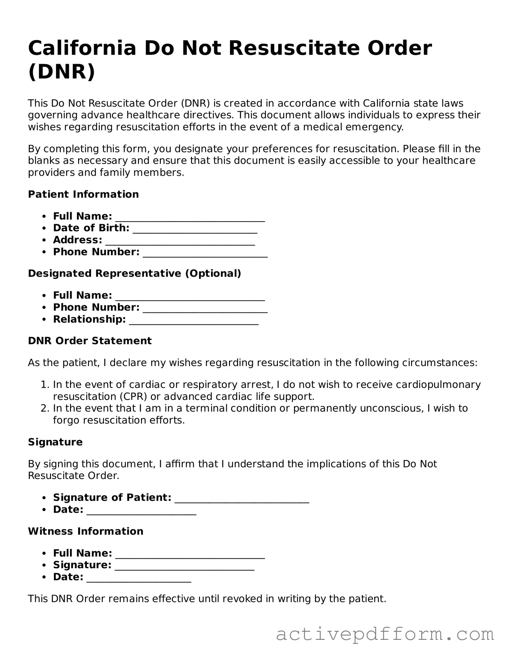 Blank California Do Not Resuscitate Order Document