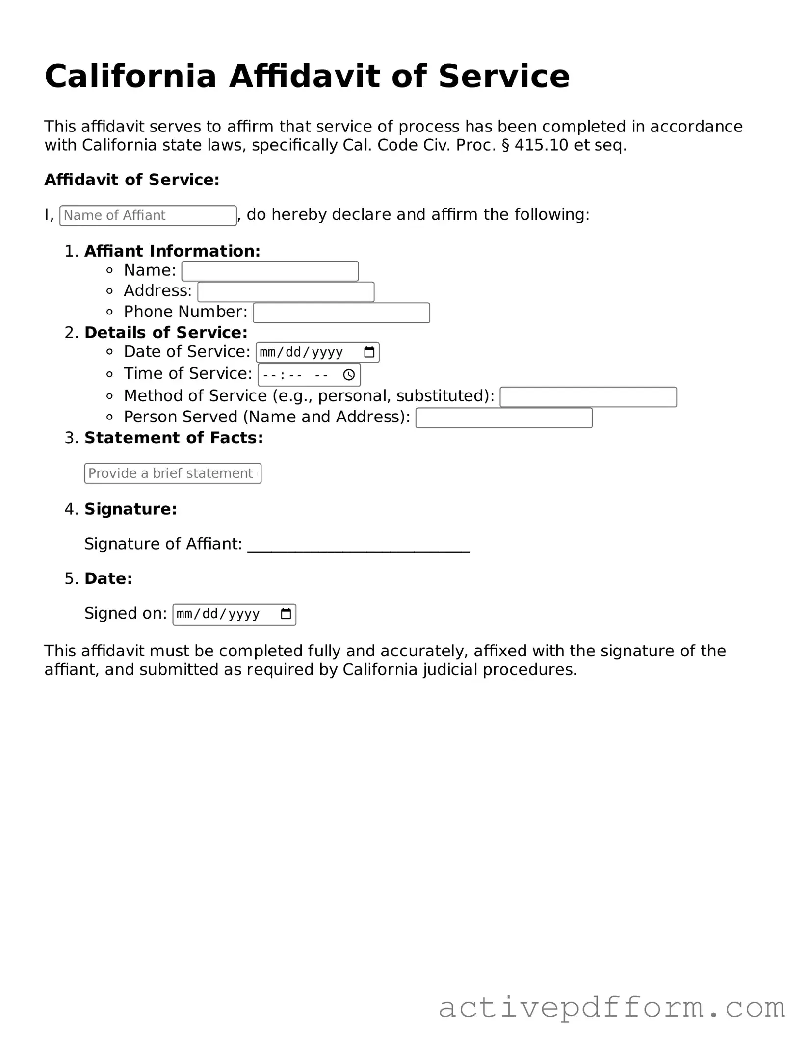 Blank California Affidavit of Service Document