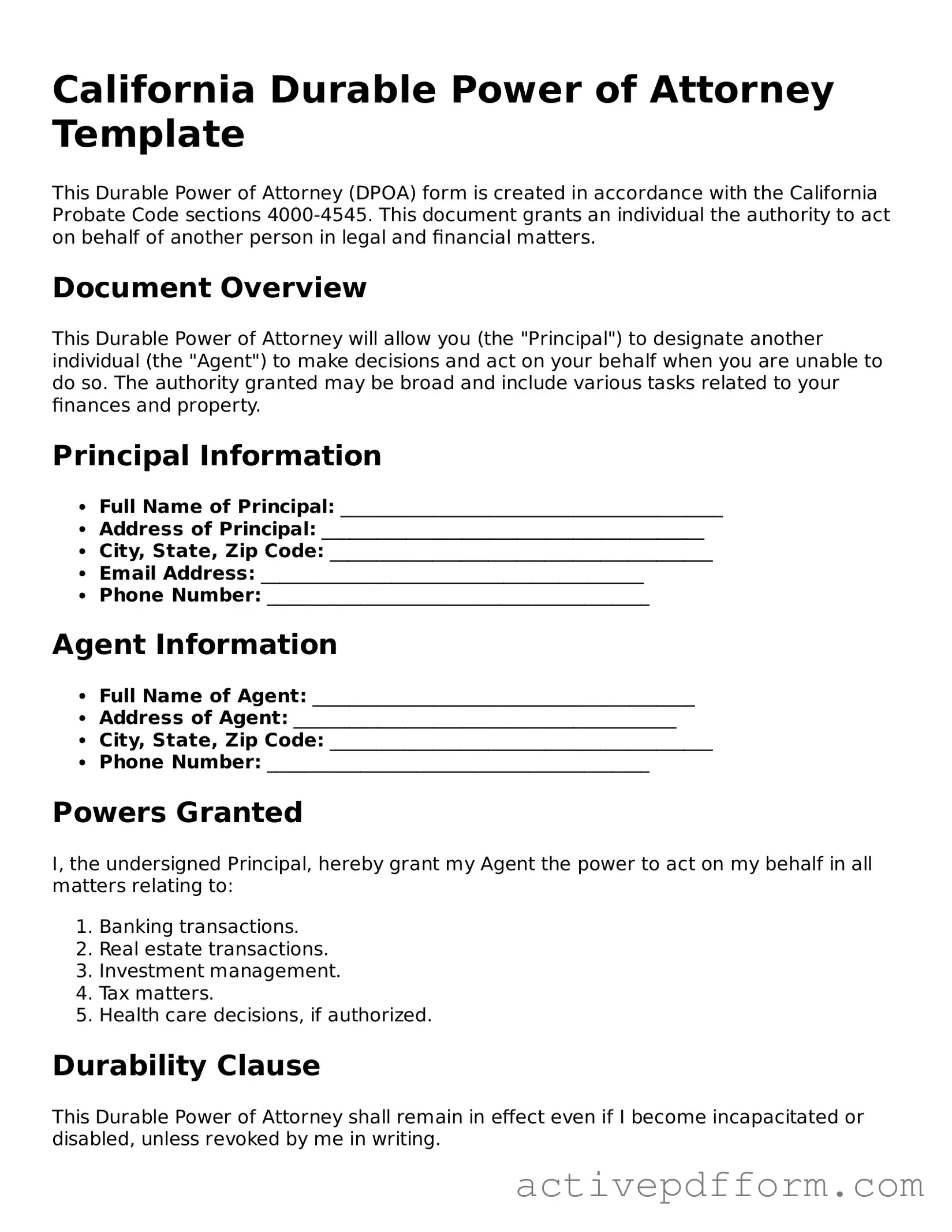 Blank California Durable Power of Attorney Document