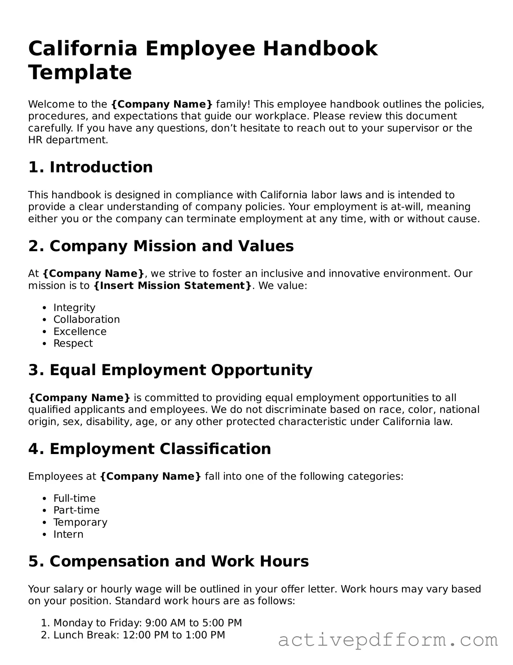 Blank California Employee Handbook Document