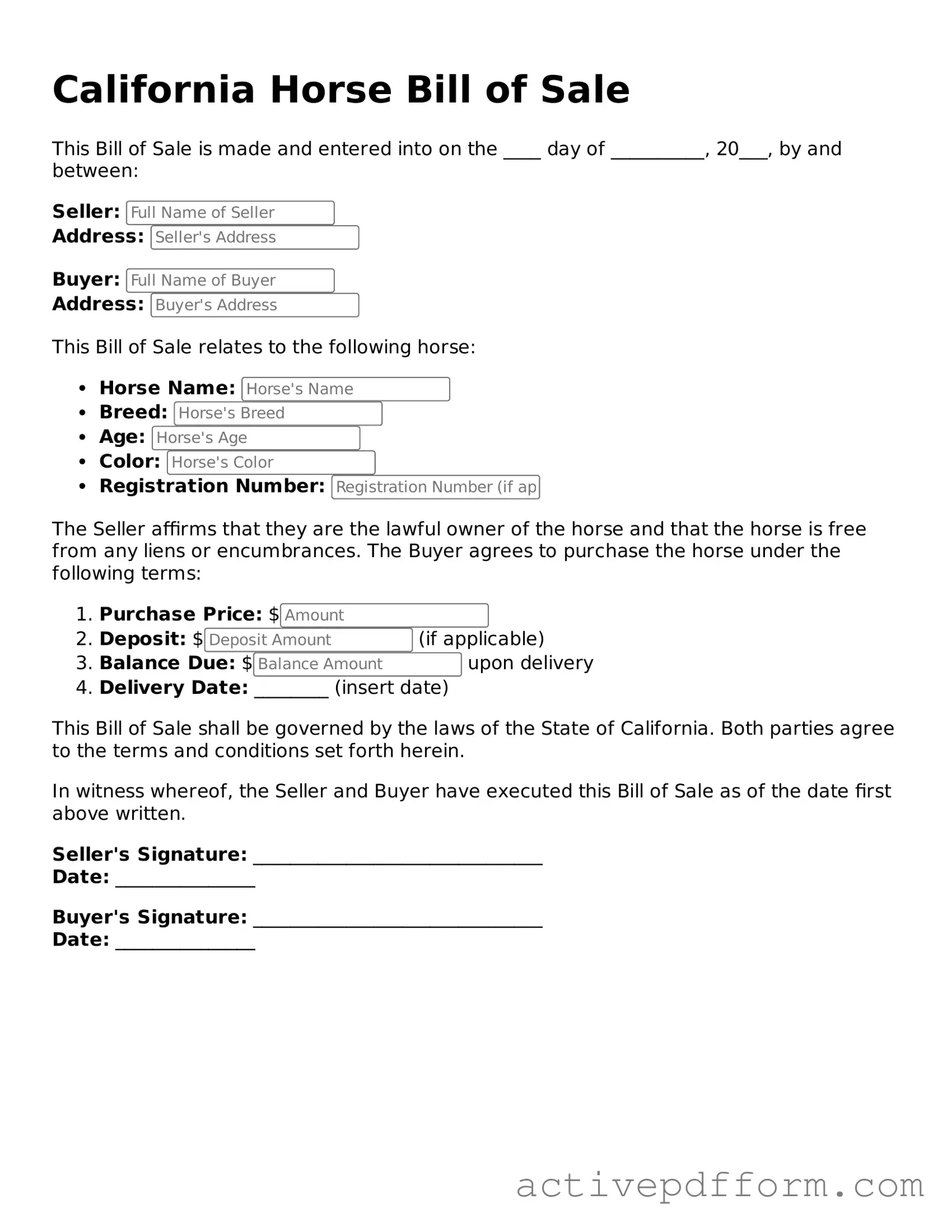 Blank California Horse Bill of Sale Document