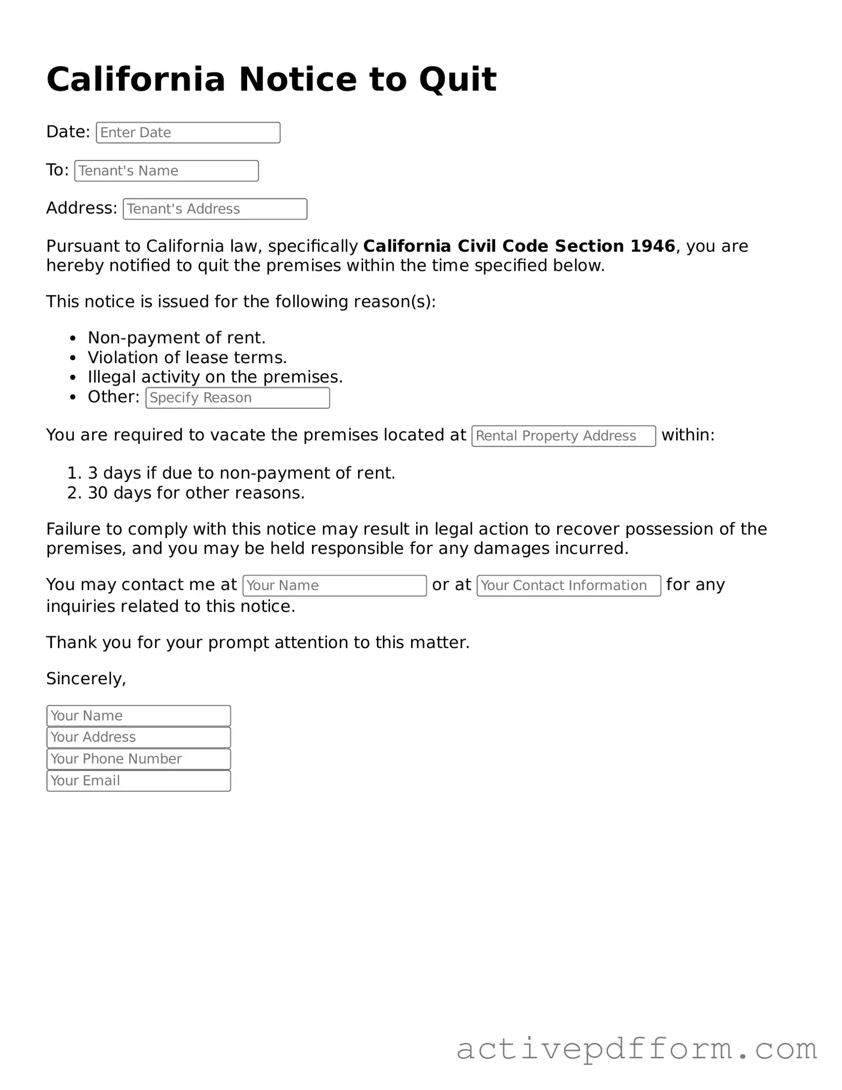 Blank California Notice to Quit Document
