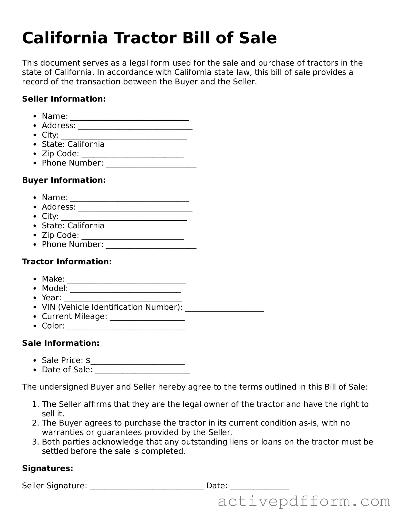 Blank California Tractor Bill of Sale Document