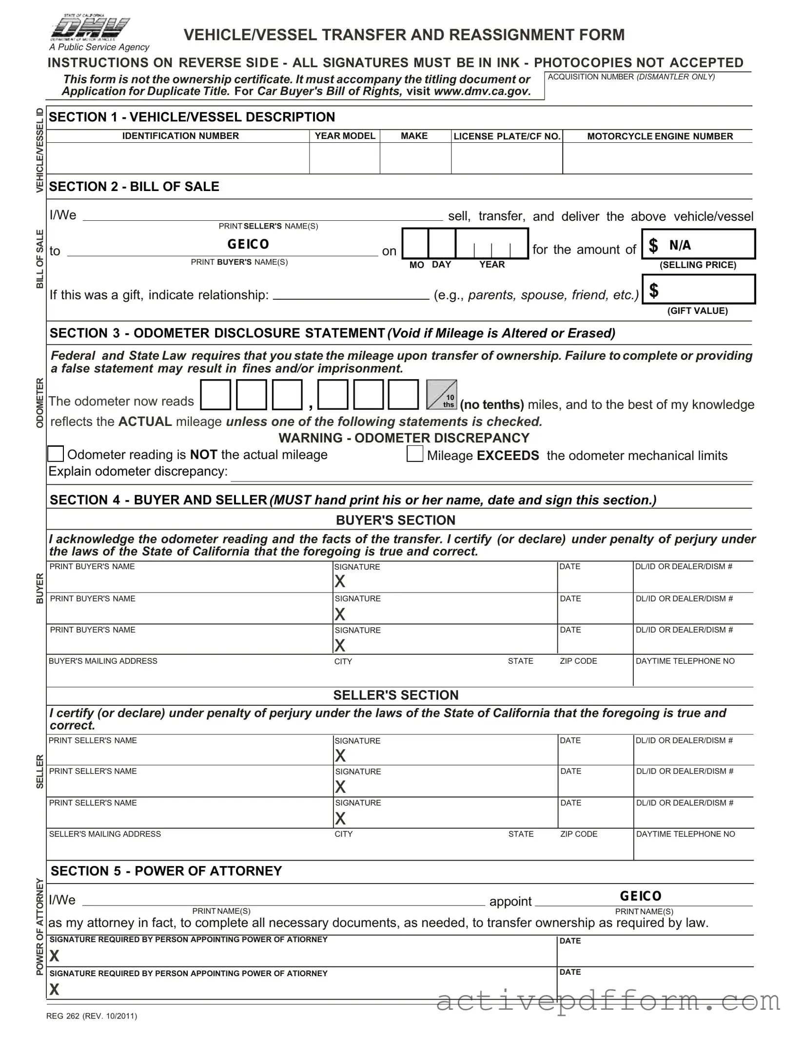 Free California Fotm Reg 262 Template