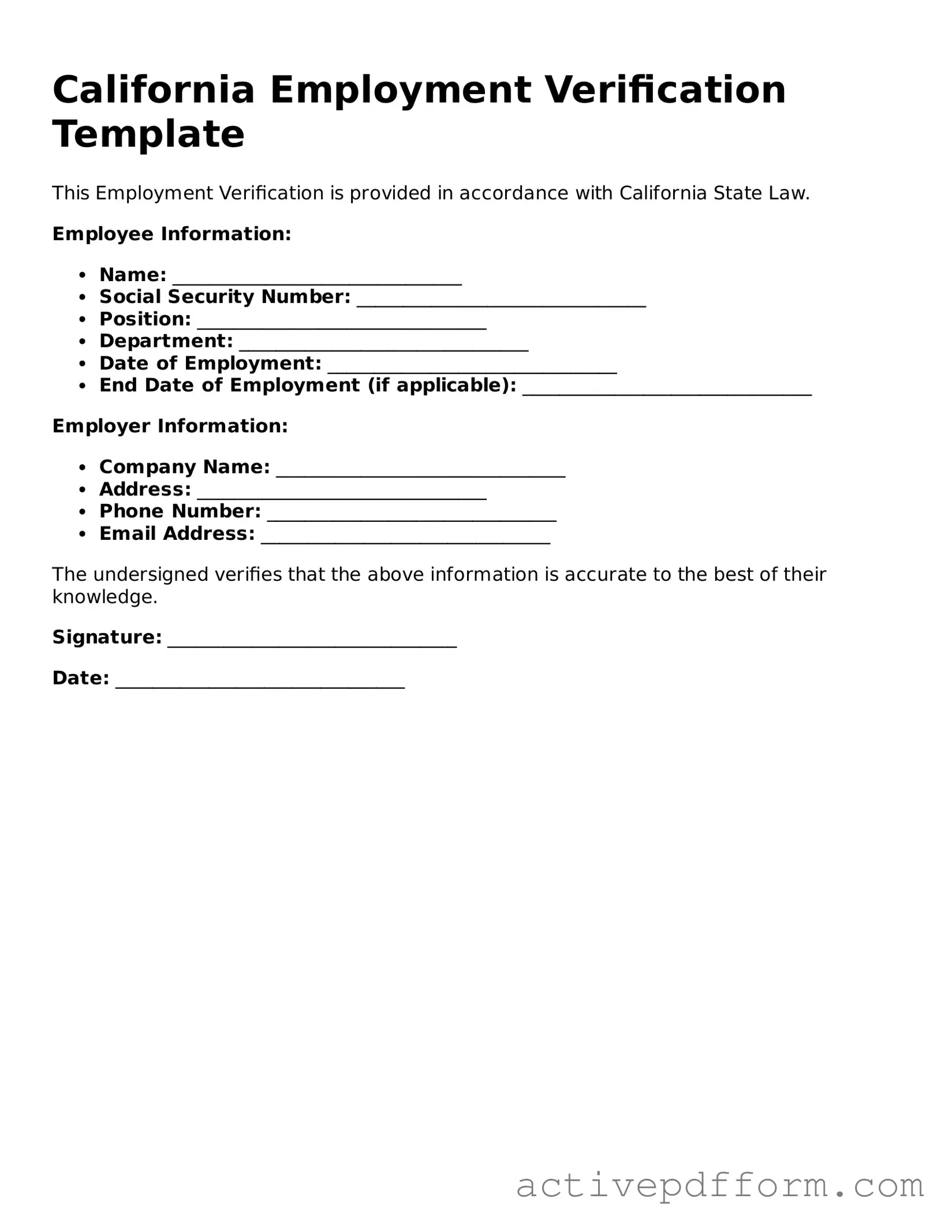 Blank California Employment Verification Document