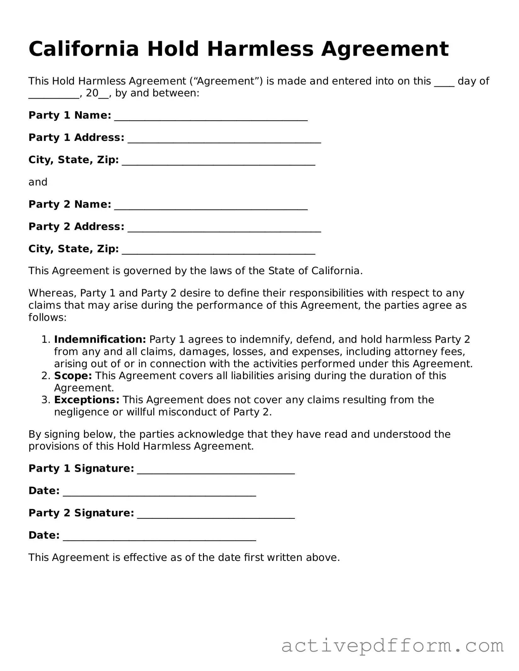 Blank California Hold Harmless Agreement Document